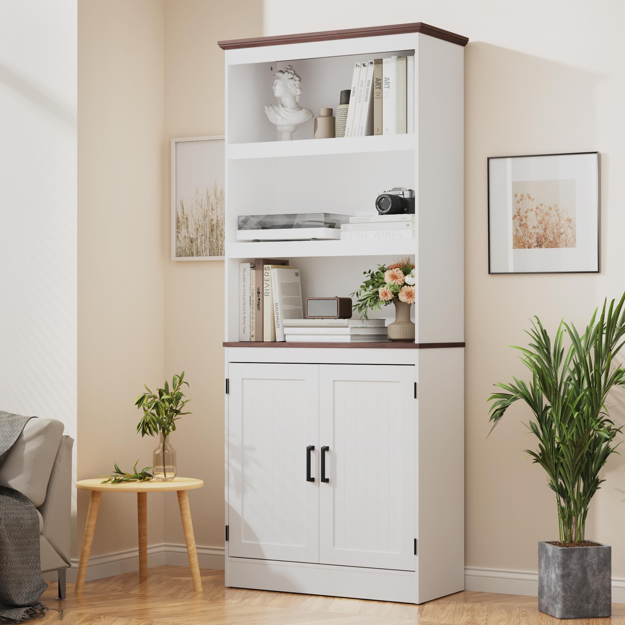 MHOM 71" Tall Bookshelf with Doors, 5 Tiers Farmhouse Bookcase with Adjustable Shelves, Wooden Rustic Display Cabinet for Home Office, Living Room,