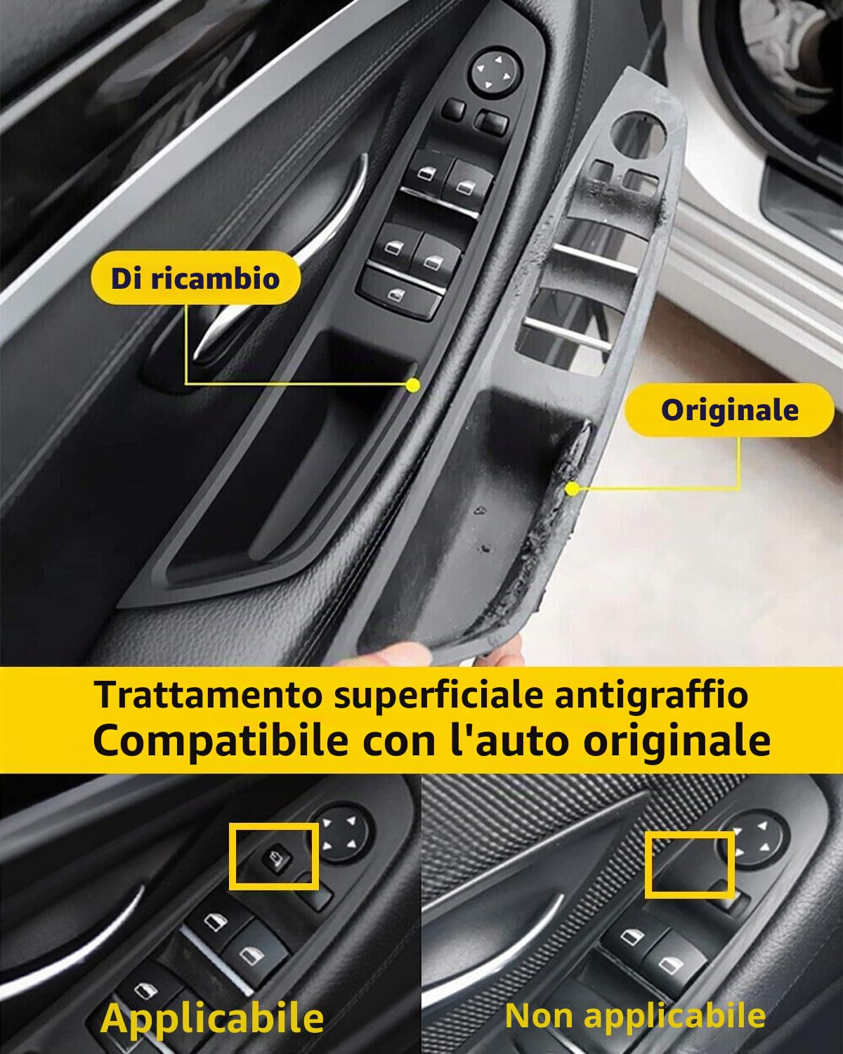Kit maniglia porta 7PCS per BMW Serie 5 F10 F11 520 530, bracciolo interruttore finestra lato guida + maniglia passeggero + coperture interruttore finestra per 523 525 528 535 (2010-2016) - Nero