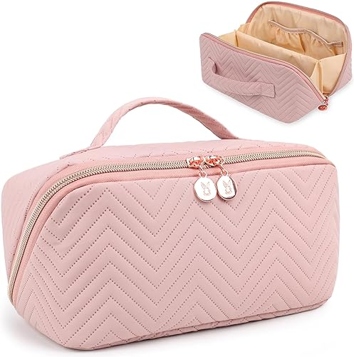 Bunnychill Bolsa de maquillaje para cosméticos, bolsa de maquillaje de viaje de gran capacidad para mujeres con bolsa portátil abierta plana