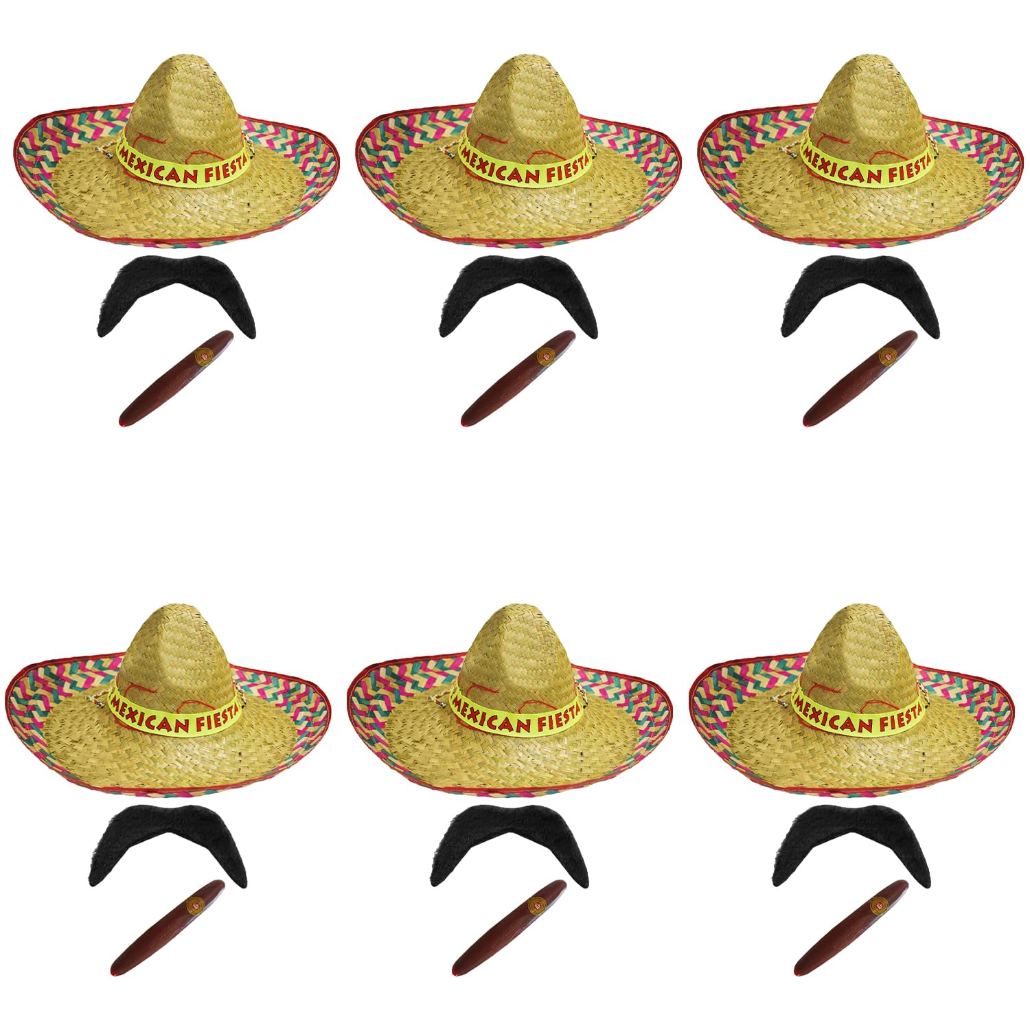 Adults Mexican Accessory Set - Pack of 6 - Red Mexican Fiesta Sombrero, Black Moustache, Fake Cigar - Mexico Cinco de Mayo Fiesta Fancy Dress Costume Accessory Set