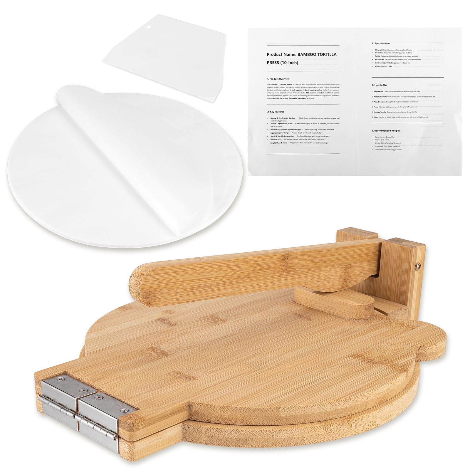Bamboo Tortilla Press 10 inch - Mexican Tortilla Maker with 100 Parchment Papers | Homemade Flour & Corn Tortillas, Tortillera, Pataconera, Dough Press for Easy Cooking
