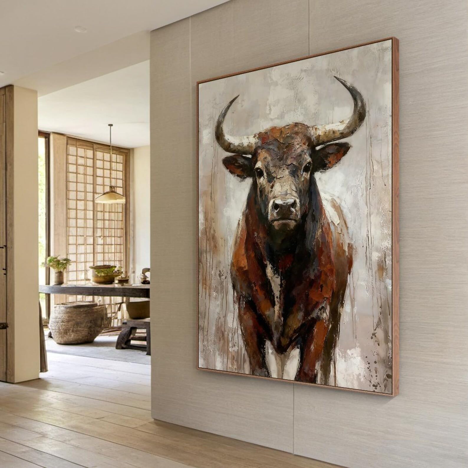 CAOXTART Cuadro de toro grande | Arte rústico de pared con animales | Pósteres y láminas texturizadas hechas a mano para decoración moderna de sala de estar (70 x 100 cm/marco interior)