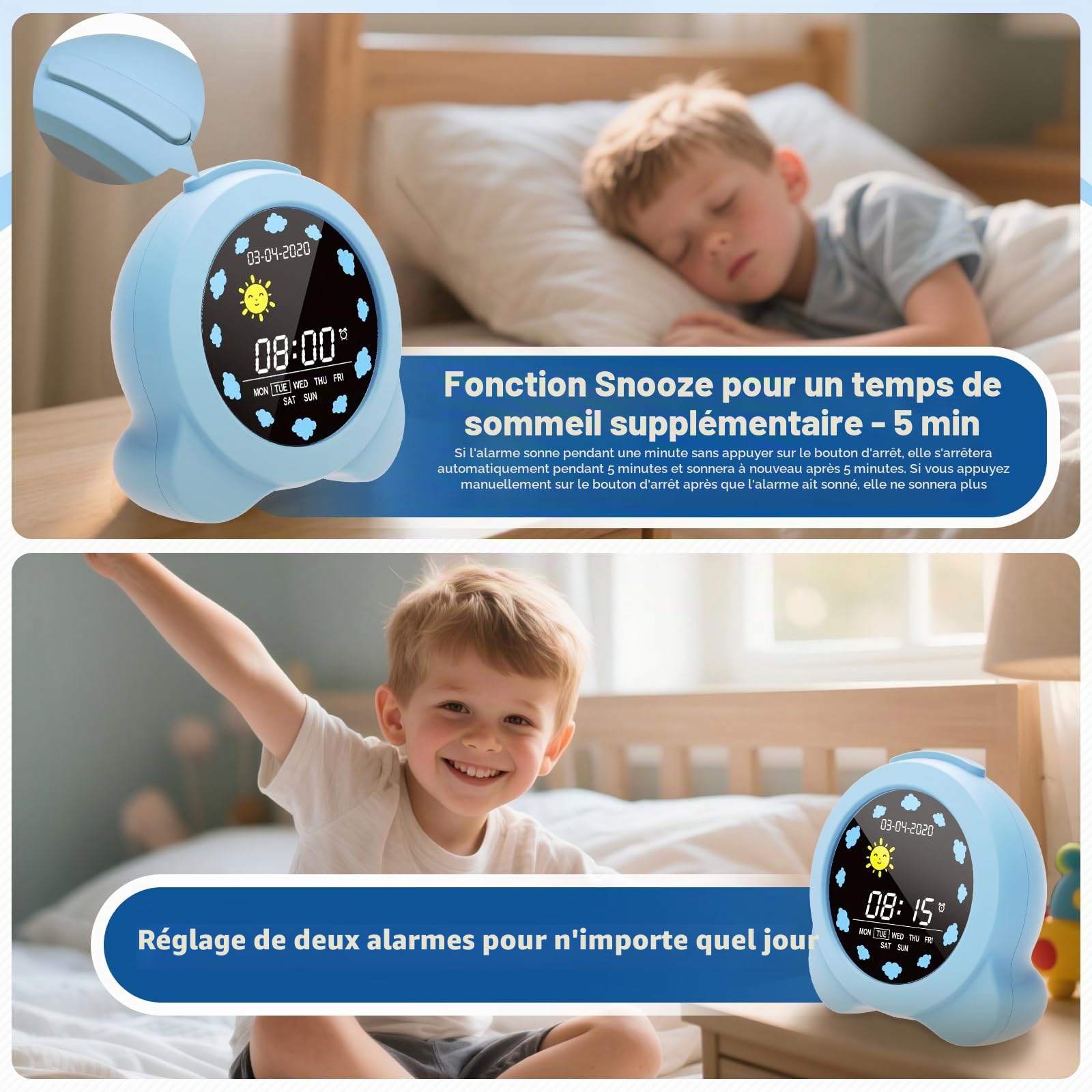 Réveil pour Enfants, Horloge Digitale avec Modes Jour/Nuit Écran LCD