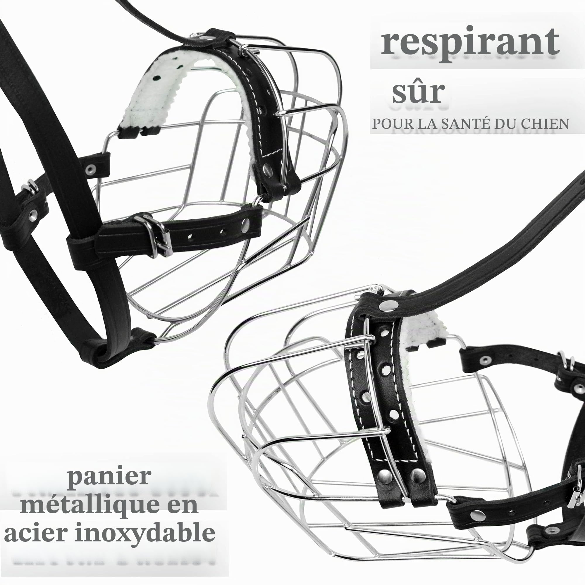 Muselière en métal pour Chien Rottweiler № 3 Fils Panier réglable en Cuir Sangles en Cuir réglable Circonférence 27-38,1 cm Longueur 2,7 x 3,4 cm