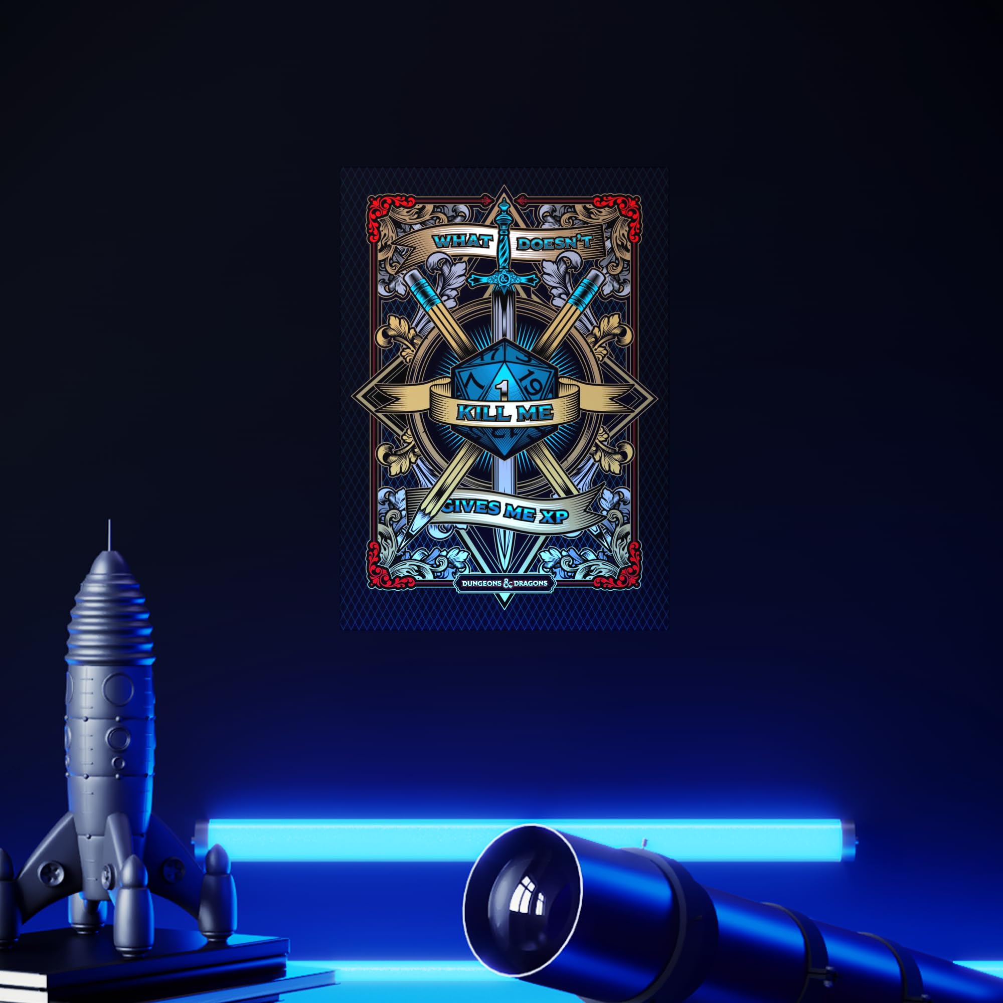 Displate - Poster aus Metall - Einfache Montage ohne Bohren - Dungeons And Dragons - Slogan Collection - What doesn't kill me... - Größe M - 32 x 45 cm Matt
