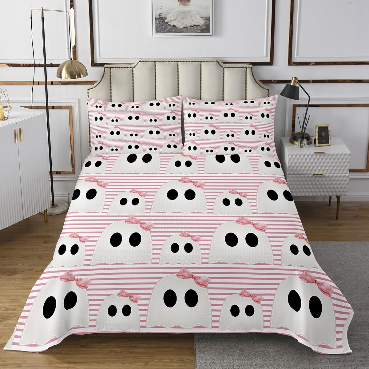 Halloween Girls Boys Quilt Bedding Set Twin,Cute Pink Ghost Bowknot Coverlet Bedspread,Pink White Striped Lightweight Bedding Bed Cover,Rustic Farmhouse Halloween Bedspread Set (1 Quilt+ 1 Sham)