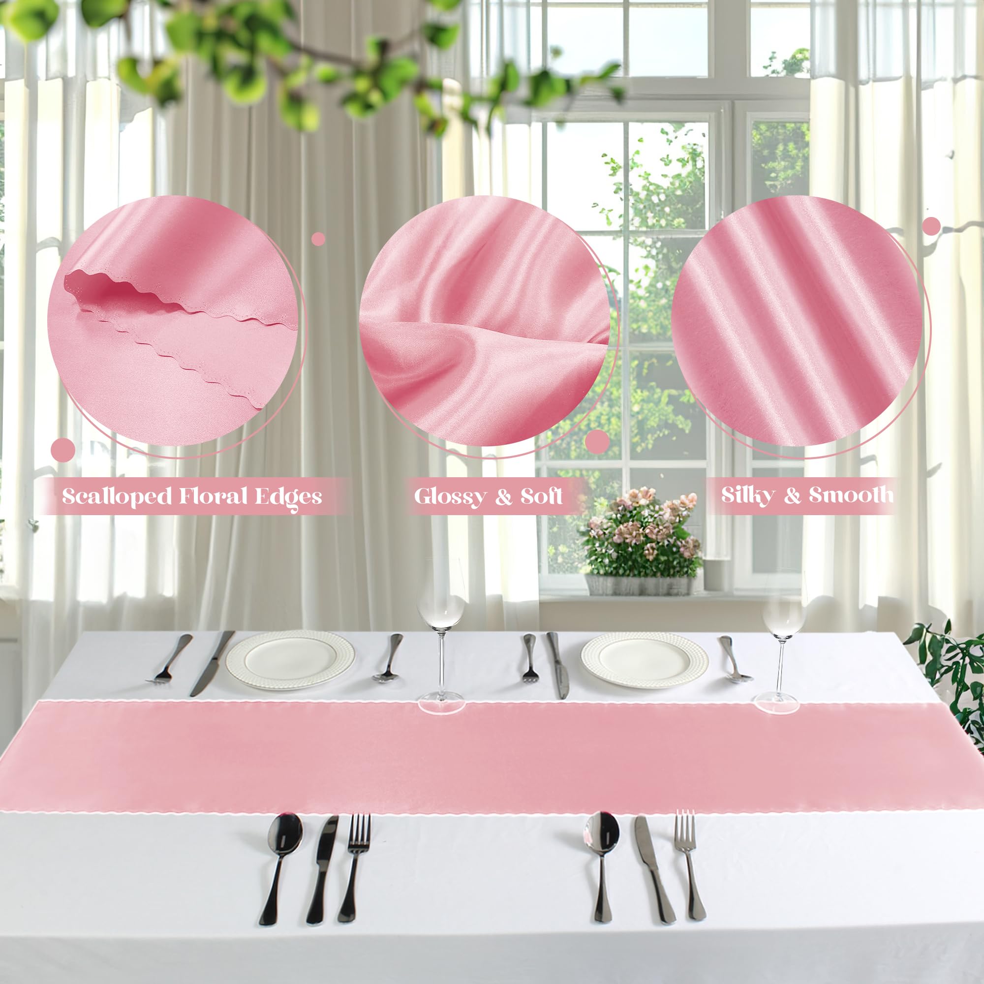 VACVELT Paquete de 12 caminos de mesa de satén de 12 x 72 pulgadas de largo, color rosa rubor, caminos de mesa de boda, caminos de mesa suaves y brillantes para fiestas de cumpleaños, banquetes,