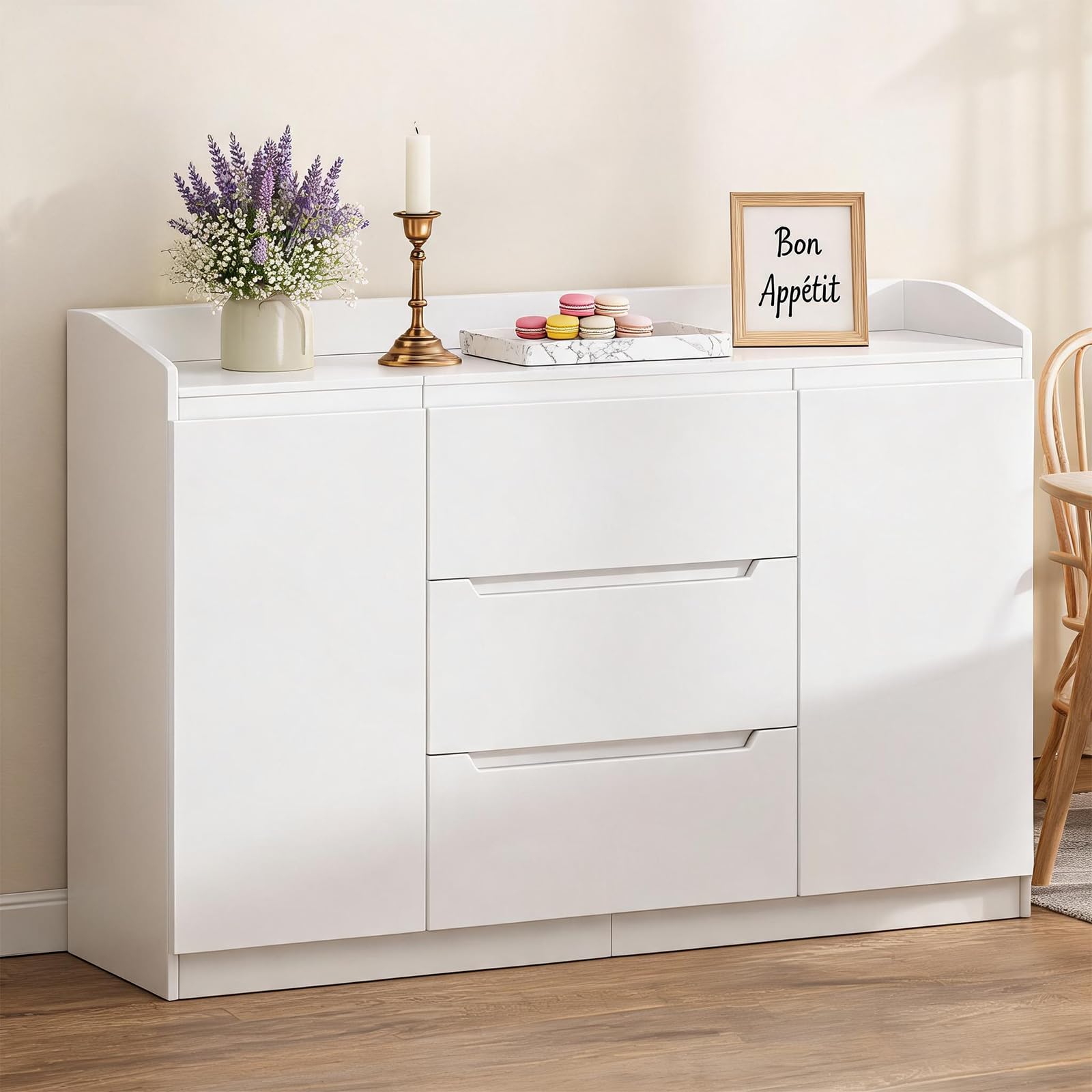 Hzuaneri Kommode, 3 Schubladen, 2 Türen, 40 x 140 x 87 cm, Weiß | Holz-Kommode, moderner Aufbewahrungsschrank für Schlafzimmer, Wohnzimmer, Büro, Eingangsbereich, DC12503X