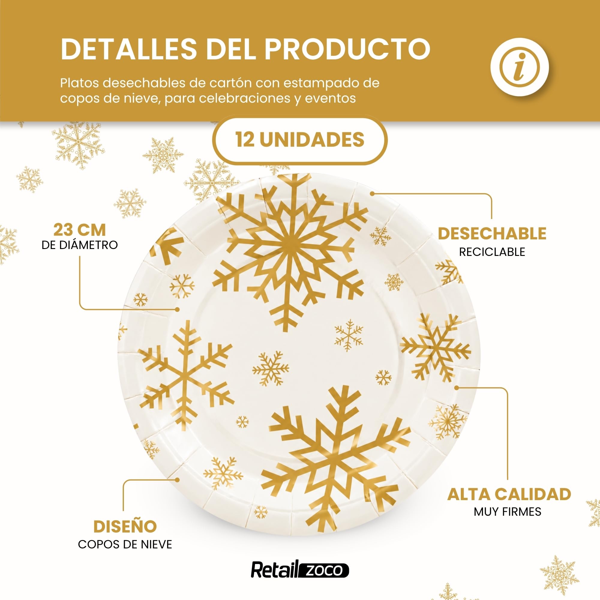 Platos de cartón, Platos Desechables cartón, Copos Navidad, 12 Unidades - imagen 2