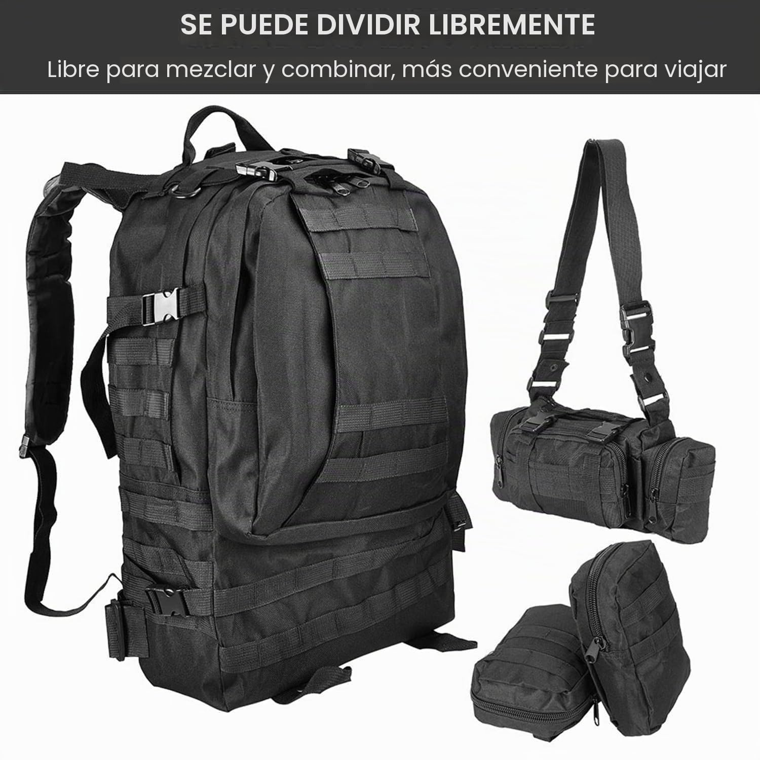 aiGear 55L Mochilas Tácticas Militar Gran Capacidad con Sistema Molle Negra | Bolsa de Emergencia Para 3 Días, Impermeable, Mochila de Asalto Molle, para Senderismo, Pesca, Acampada, Equipo de Emergencia