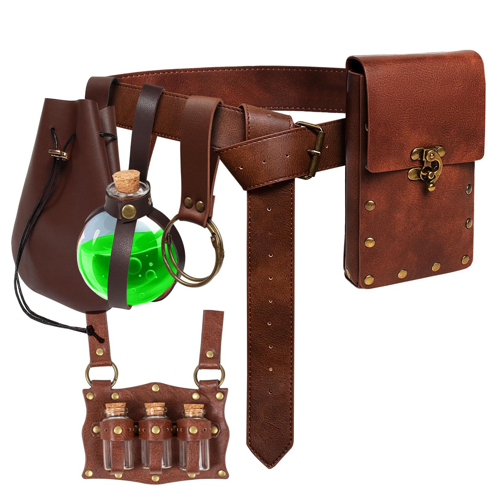 Photo 1 of Renaissance Belt Pouch Coin Purse Witch Alchemist Potion Bottle Vilas Hook Set Medieval Pirate Festival Costume Accessories (3-Brown)