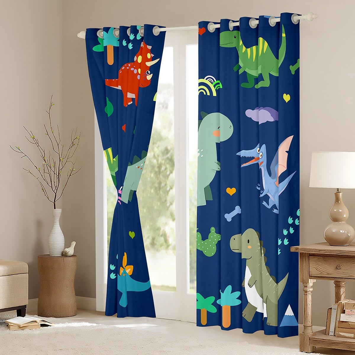 Homewish Rideau Occultant 117x137 cm Cartoon,Rideau Dinosaures,Rideaux Voilage Enfants Garçons Filles Os d'arbre Empreintes de Pieds Ptérosaure Arc-en-Ciel Triceratops Mignon Dinosaure pour Chambre