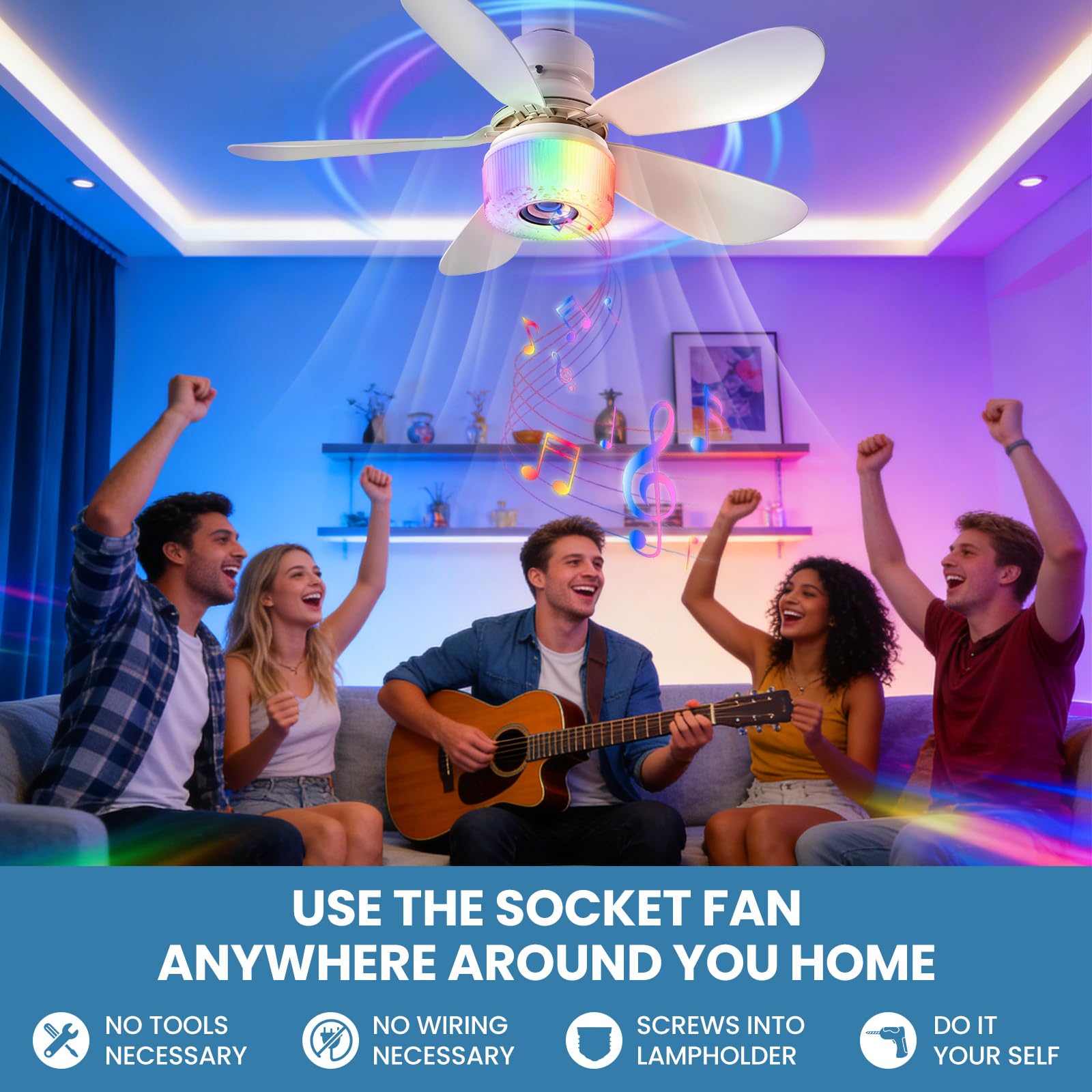Roadtime Ventilatore da Soffitto con Luce RGB, 52 cm e Altoparlante Musica