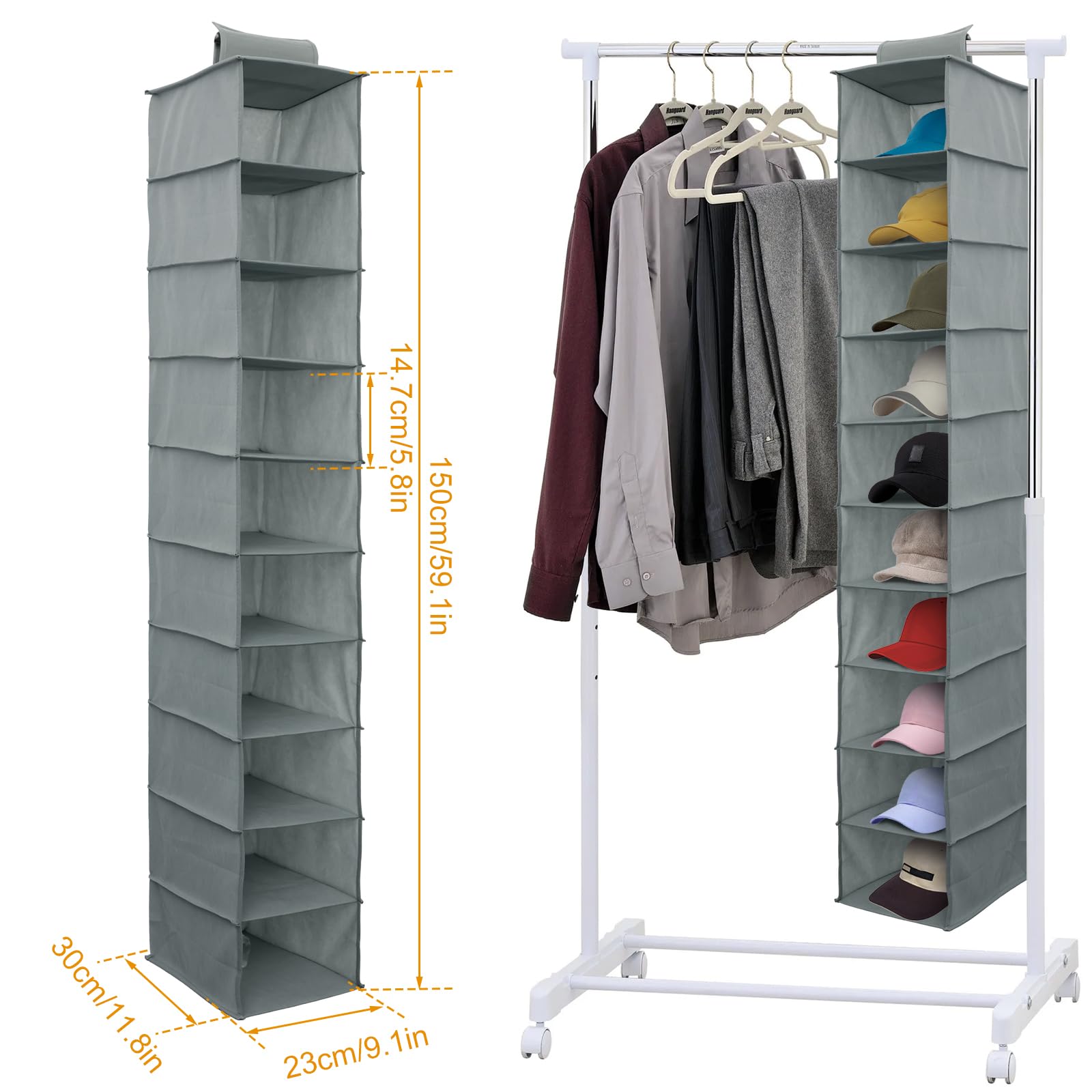 Fyeme Scarpiera da appendere a 10 ripiani, organizer per armadi, in tessuto non tessuto, pieghevole, salvaspazio, colore: grigio