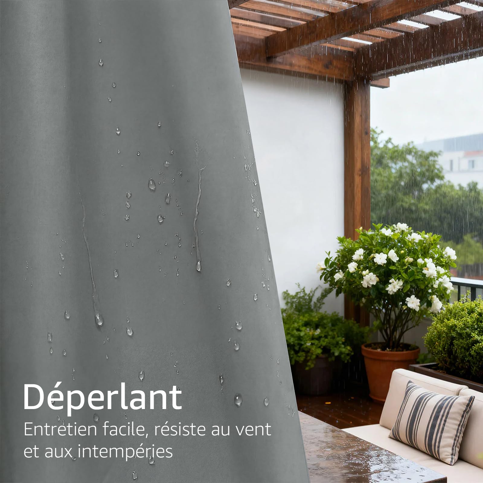 TOPICK Lot de 2 Rideaux d'extérieur Occultants Imperméables à Oeillets， Protection de l'Intimité, Usage Intérieur et Extérieur, L132 x H275 cm, Gris Clair, pour Pergola Terrasse Balcon Jardin Tonnelle