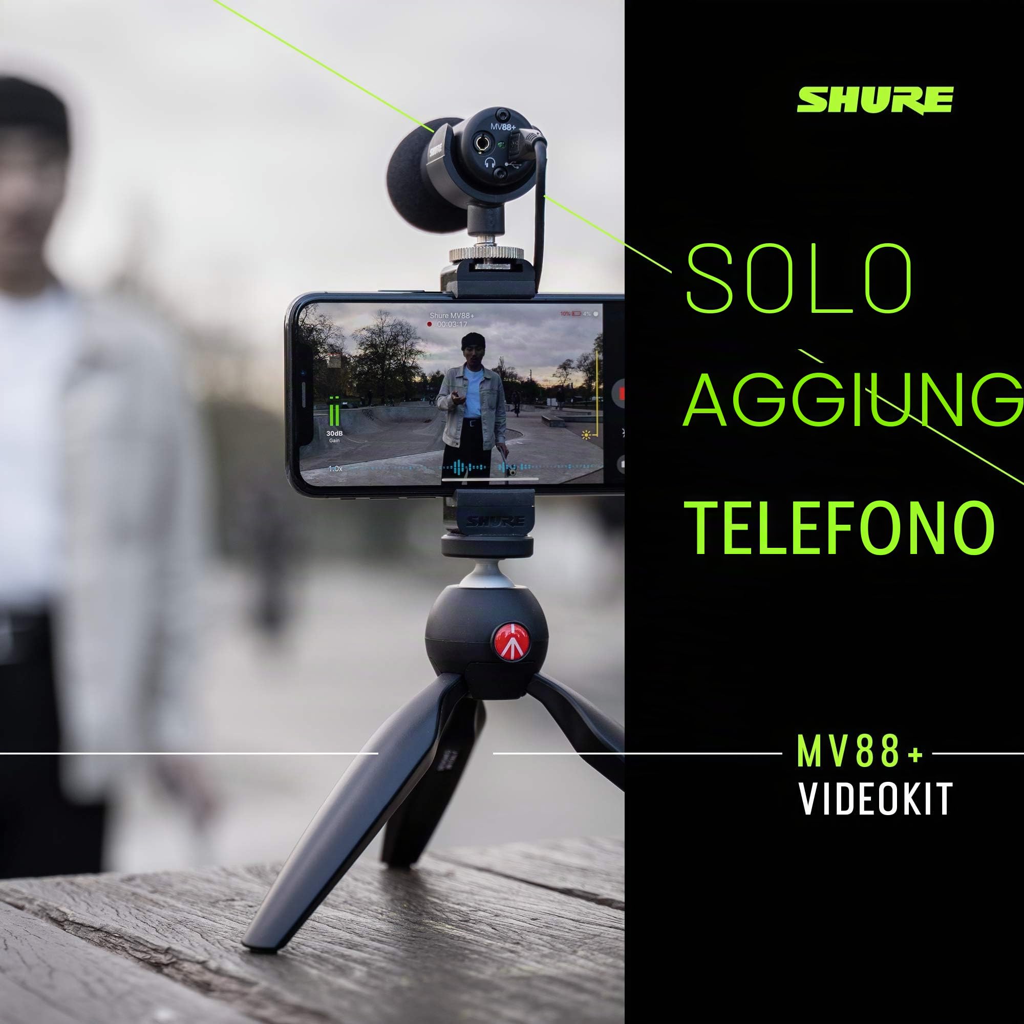 Shure MV88+ Kit Cablato Microfono digitale stereo a condensatore Kit video per Apple e Android, con treppiede Manfrotto PIXI, morsetto per telefono, supporto, cavi iOS e USB-C