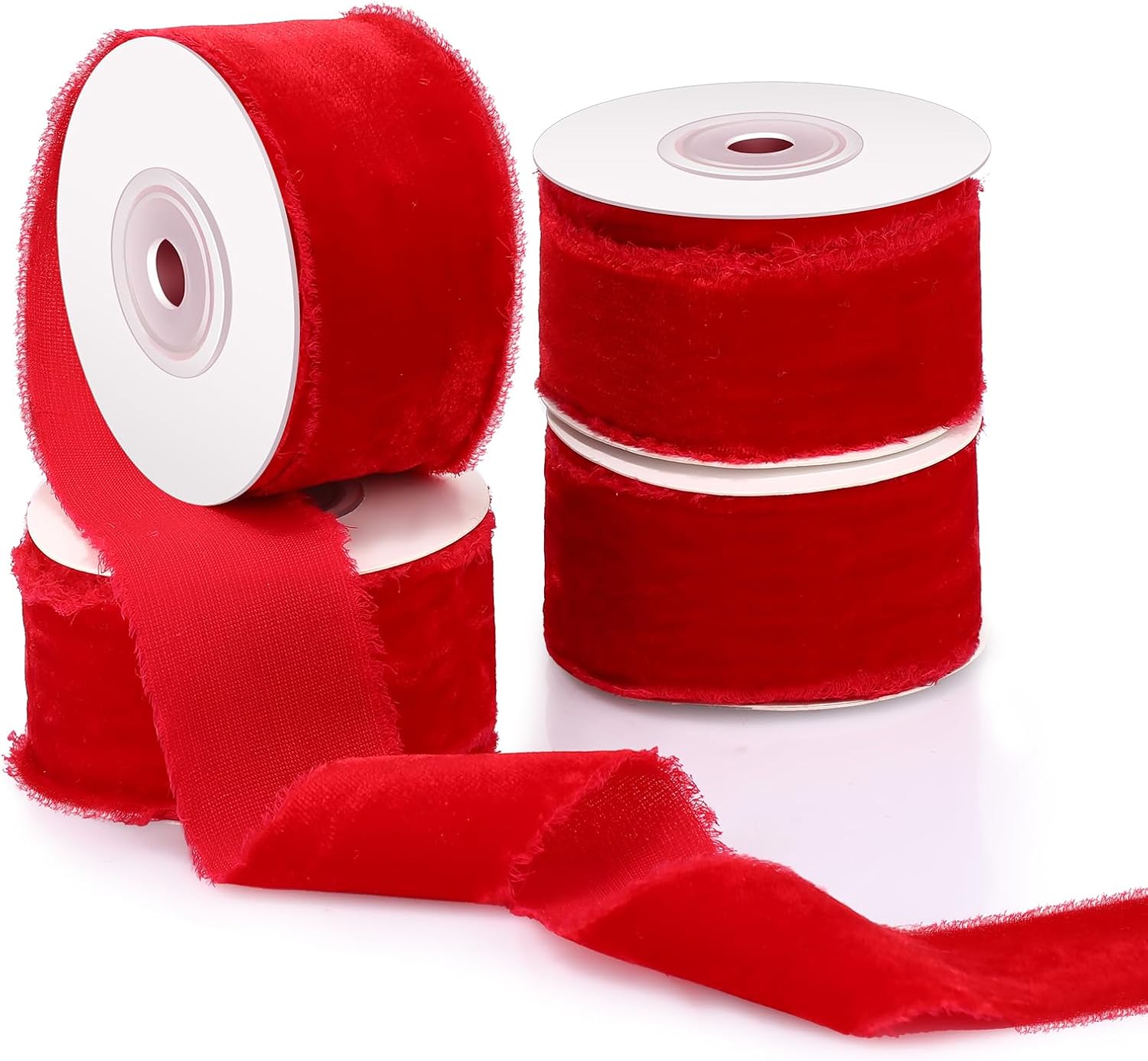 Preboun 4 Rolls Christmas Velvet Ribbon for Gift Wrapping 24 Yards Total Frayed Edge Velvet Silk Ribbon for Christmas Wedding Baby Shower DIY Crafts Decor(Red,1.5 Inch) Red 1.5 Inch