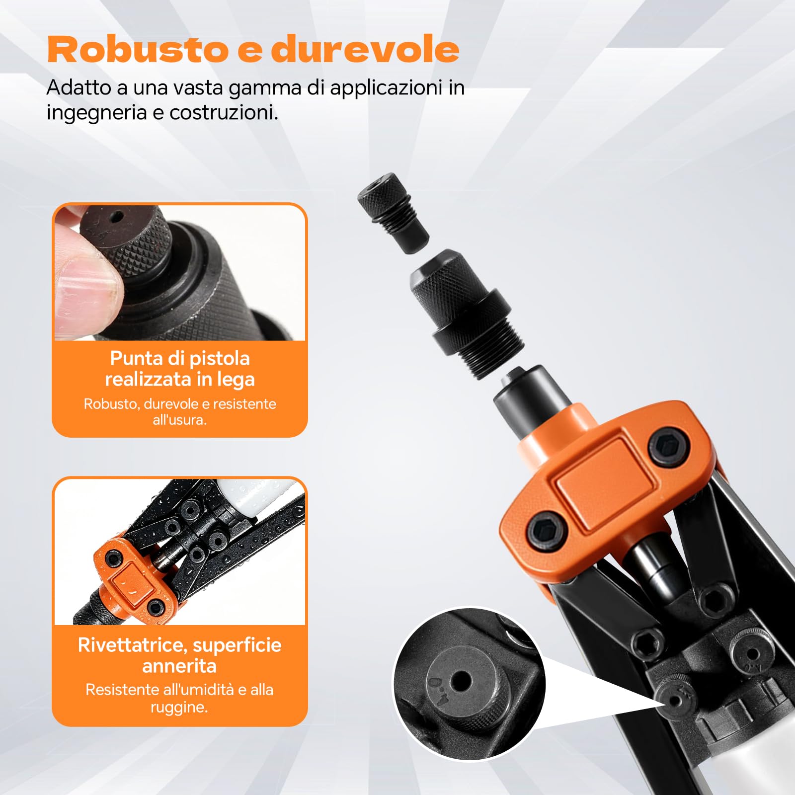 Set Pinzatrice per Rivetti da 13" con 110 Rivetti per Rivettatrice Cieca da 6,4 mm-2,4 mm, 5 Bocchini Intercambiabili, Rivettatrice Manuale per Auto, Lavori in Metallo, Mobili, Strumenti