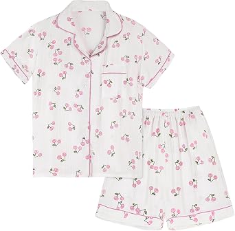 Arssm Floral Pajama Set Women Cute Kawaii 2 Piece Matching Pj Set Aesthetic Short Sleeve Sleeping LoungewearPinkCherry-S