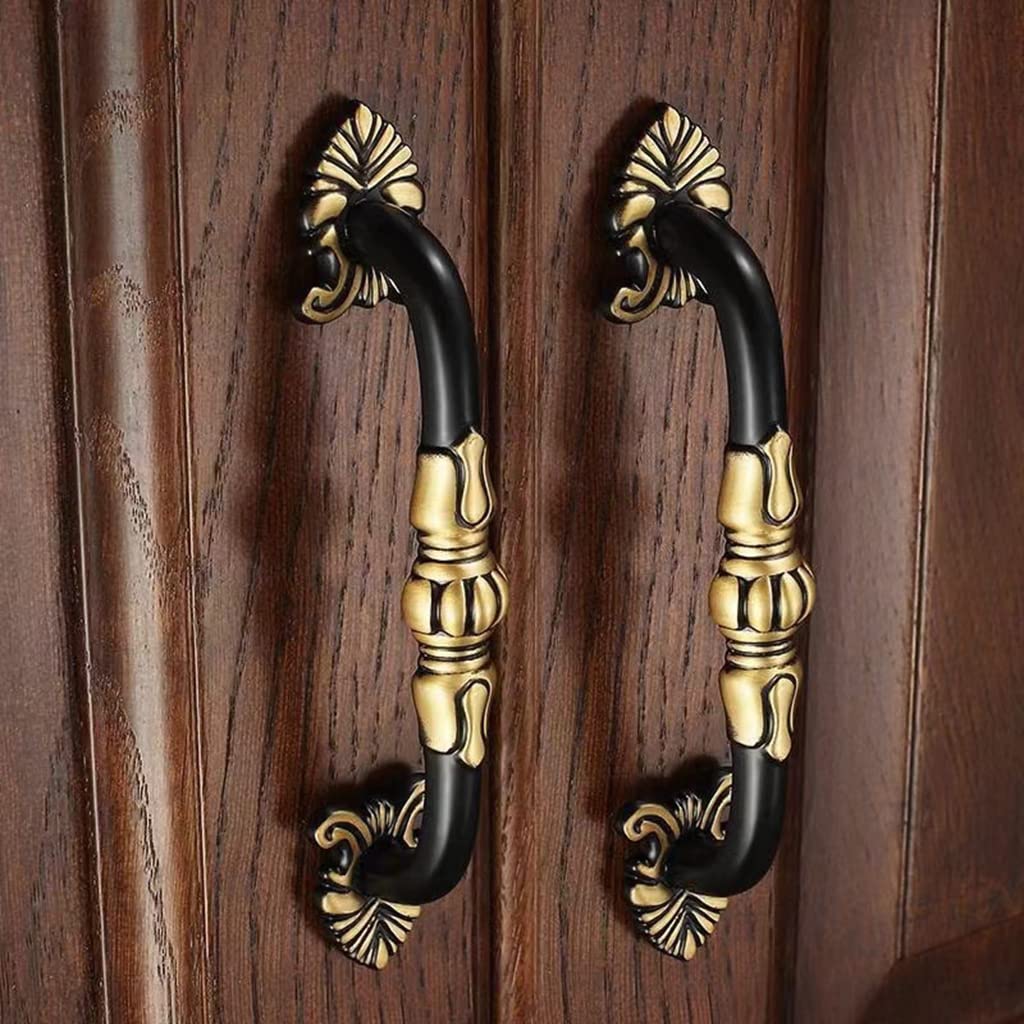 CcHhyyt 2 Pack 3-3/4” Brass Cabinet Pulls Antique Floral Pattern Cupboard Handle Drawer Pulls Solid Brass Kitchen Hardware Matte Gold Handles for Cabinet Drawer Wardrobe (96mm Hole Center - Image 3