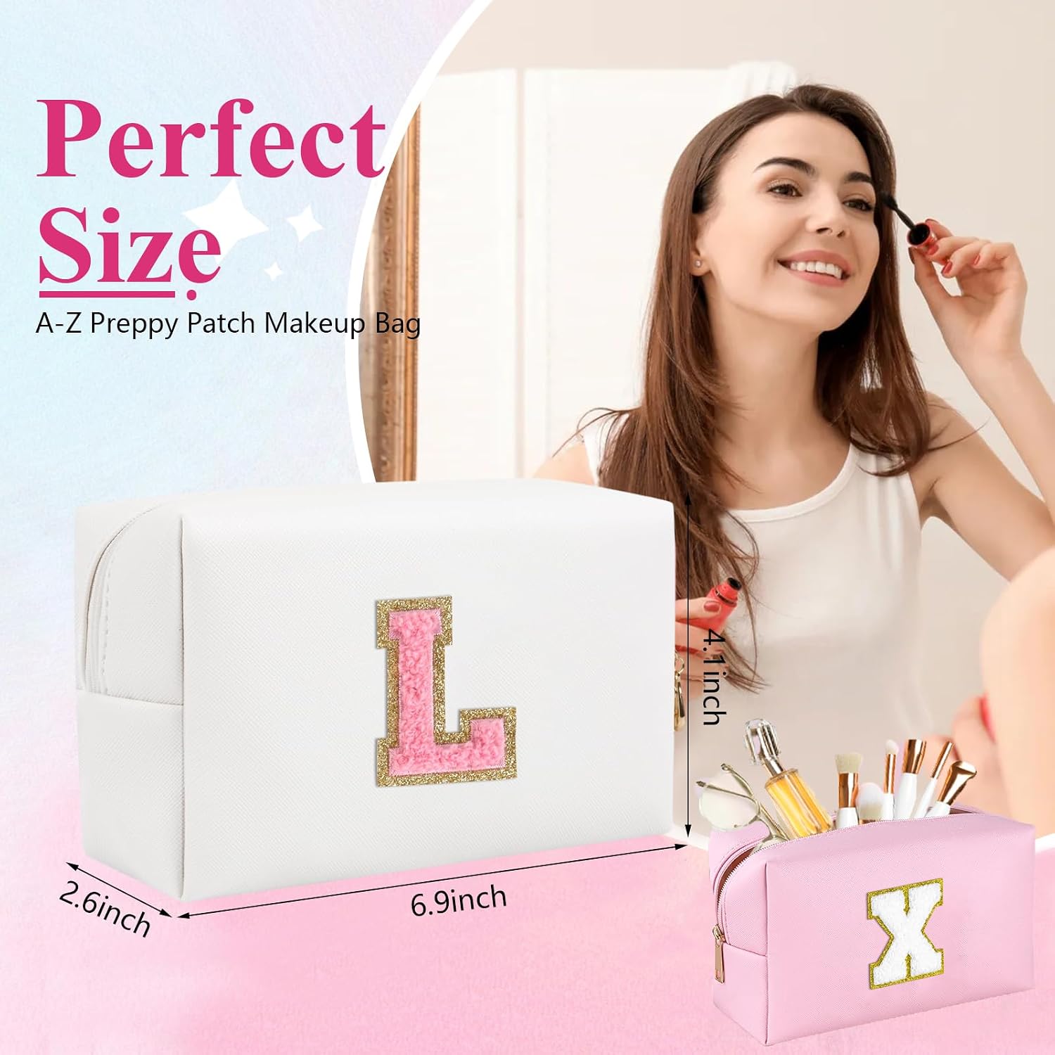 Personalized Preppy Patch Makeup Bag Waterproof PU Leather Travel Toiletry Bag with Zipper，Cosmetic Bag Women Friend Birthday Christmas Gifts image 3