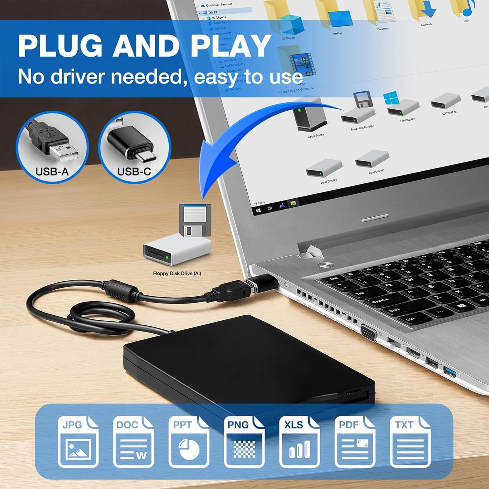 Lettore Floppy Esterno USB 3,5 Pollice Portatile, Unità Floppy Disk Drive Plug and Play per PC Mac Laptop e Notebook, Compatibile Windows 11 10 8 7 Vista XP