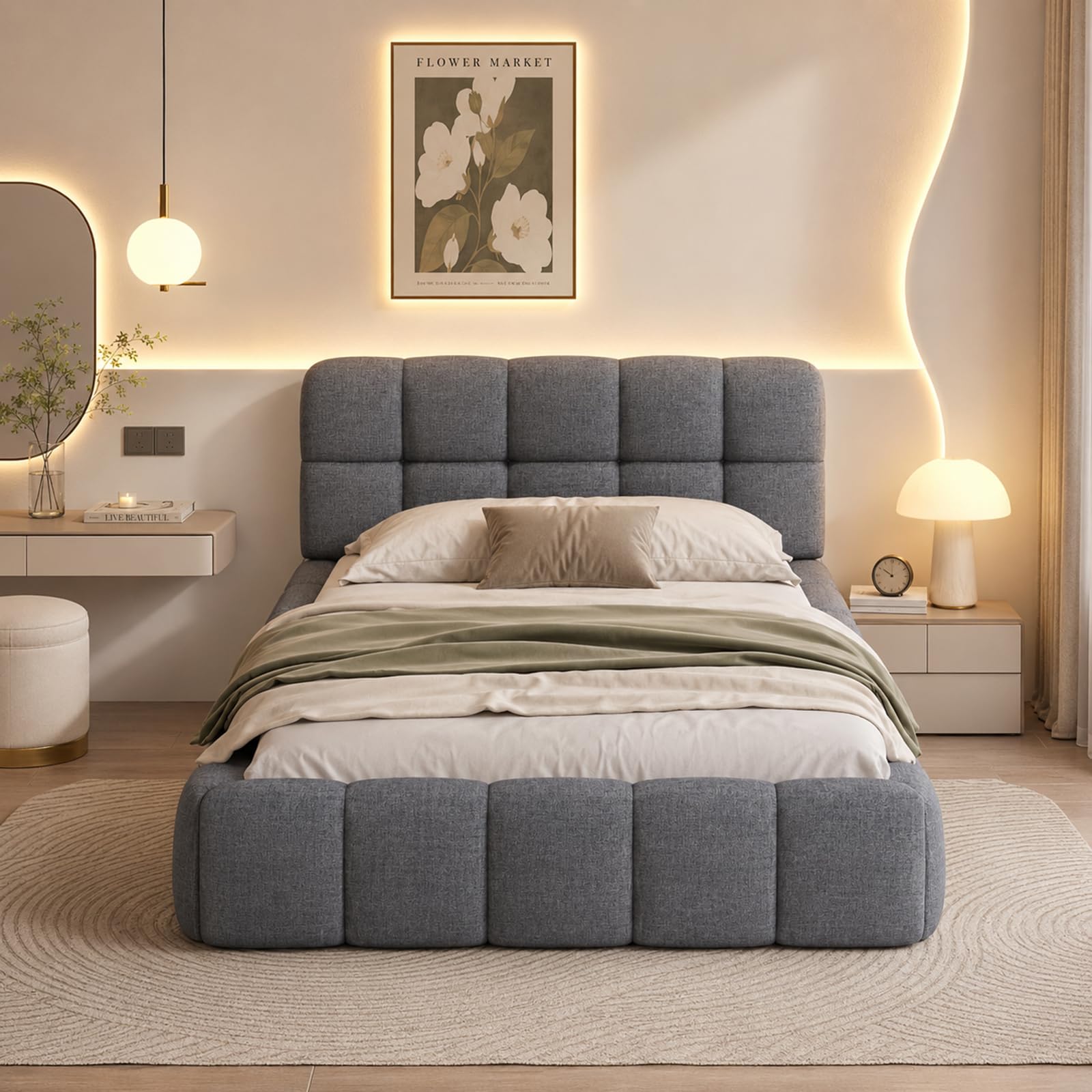 LKPOMI 3ft Single Bed Frame 90x190 cm, Cloud Bed Upholstered Single Bed with Solid Wood Slats, No Mattress (Grey, 90x190cm)