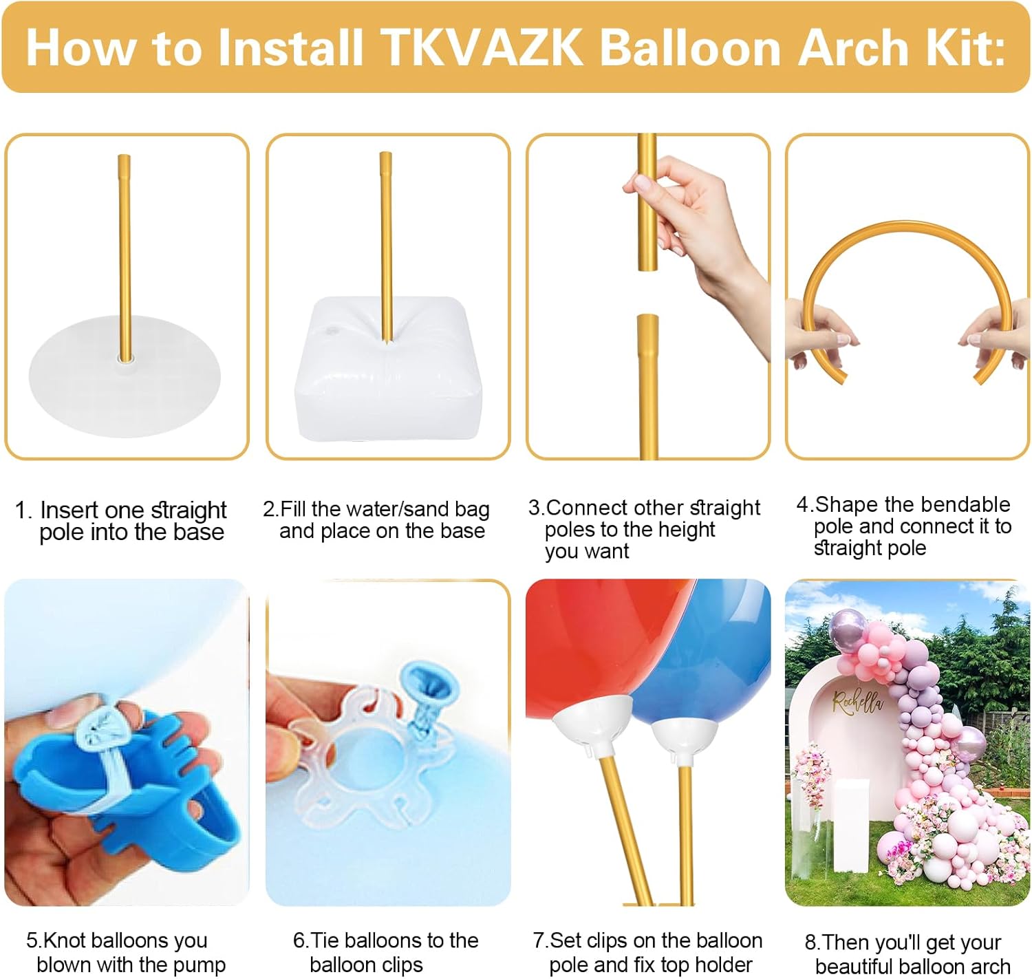 Condition photo showing New/Like New for balloon arch kit, bendable 8ft and 6ft balloon arch stand with base and manual pump, ballon arch stand kit for birthday wedding baby shower holiday graduation party decoration(golden)