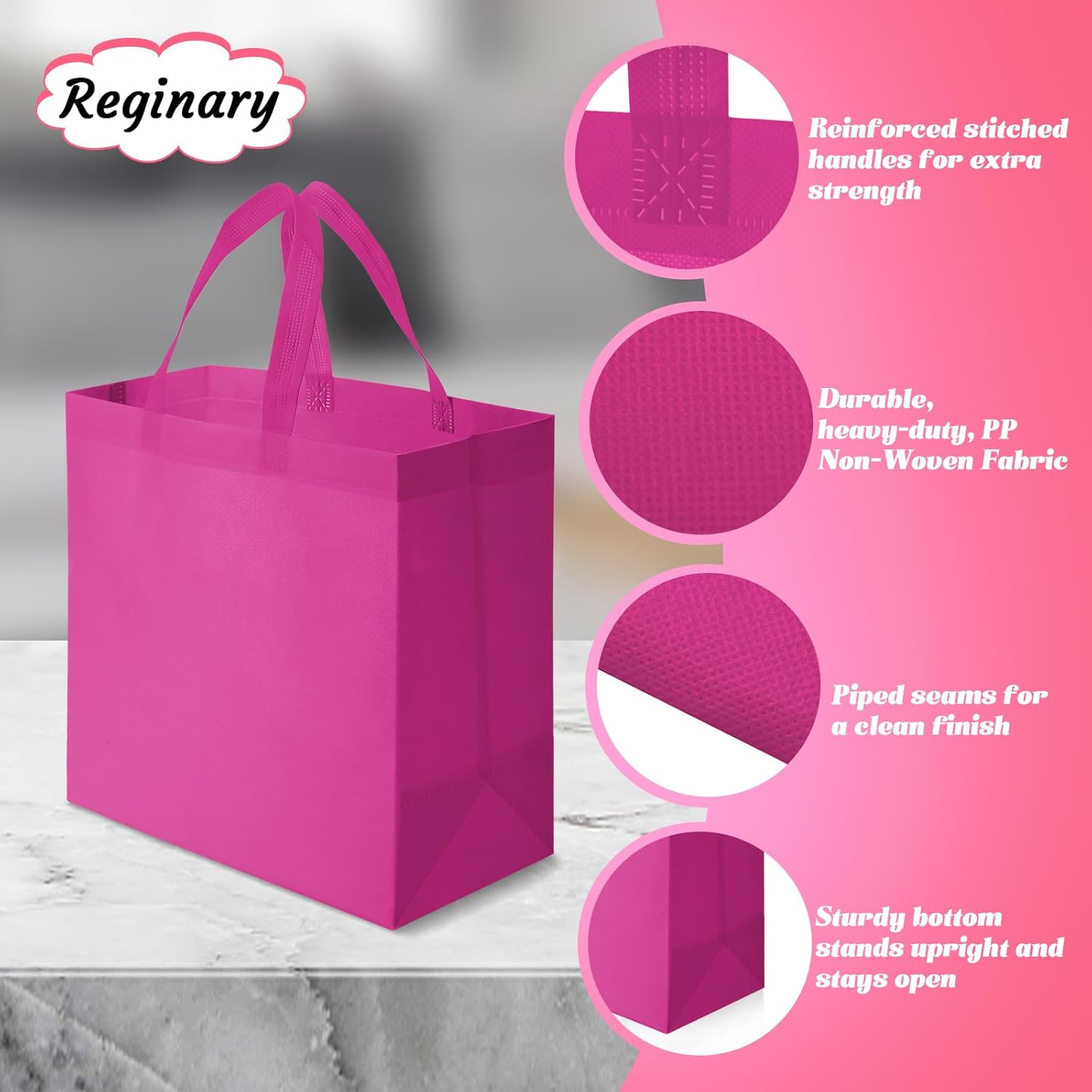 Reginary 100 PCS Reusable Totes Bags - Non Woven Grocery Handle Bags for Shop Events & Retail Store(Rose Pink) - Image 4