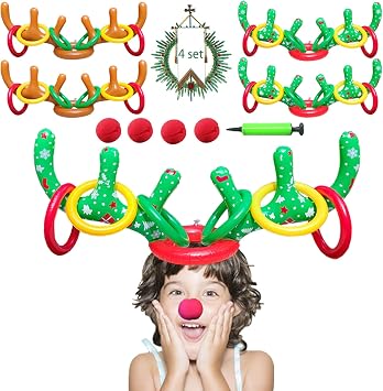 4 Sets Christmas Inflatable Reindeer Antler Ring Toss Game School Family Favors Party Gift Supplies Outdoor Indoor Toy 24 Rings with 4 Reindeer Noses