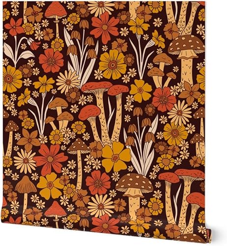 Spoonflower Papel tapiz de despegar y pegar - flor de estilo vintage, retro floral, hippie de los años 70, hongo de los años 70, marrón naranja