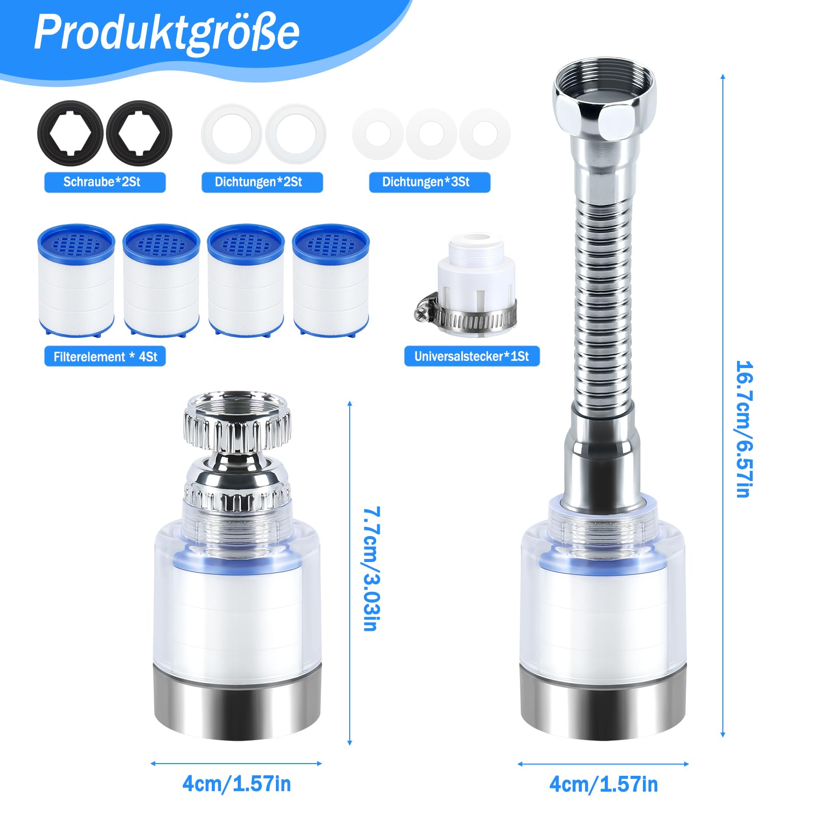 2 sztuki filtrów do wody, kran, filtr do wody pitnej, 360° filtr wody z kranu z 4 wkładami filtrującymi do wody, do kuchni, łazienki