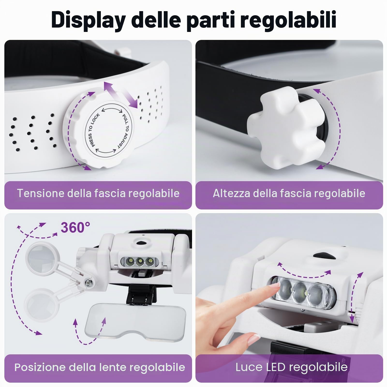 Lente ingrandimento con Luce, Occhiali Ingrandimento con Luce 3 LED USB Charge 5 Lenti Intercambiabili 1.0X 1.5X 2.0X 2.5X 3.5X per Modellismo, Riparazione Orologi, Ricamo,Piccoli Lavori di Miniatura