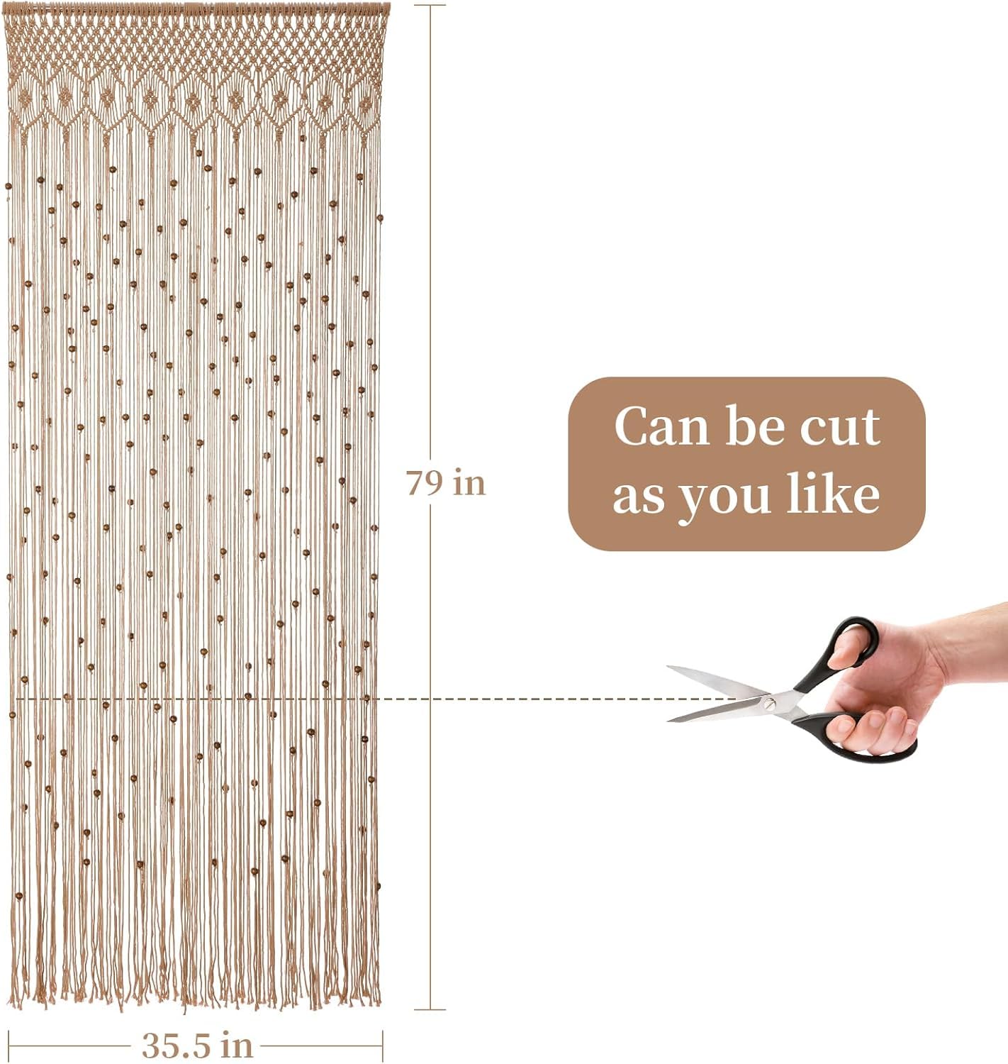Rideau de perles bohème en macramé fait à la main avec perles en bois pour fenêtre, porte, armoire ouverte, chambre à coucher, salon, décoration d'intimité, 200,7 x 91,4 cm (L x l), marron