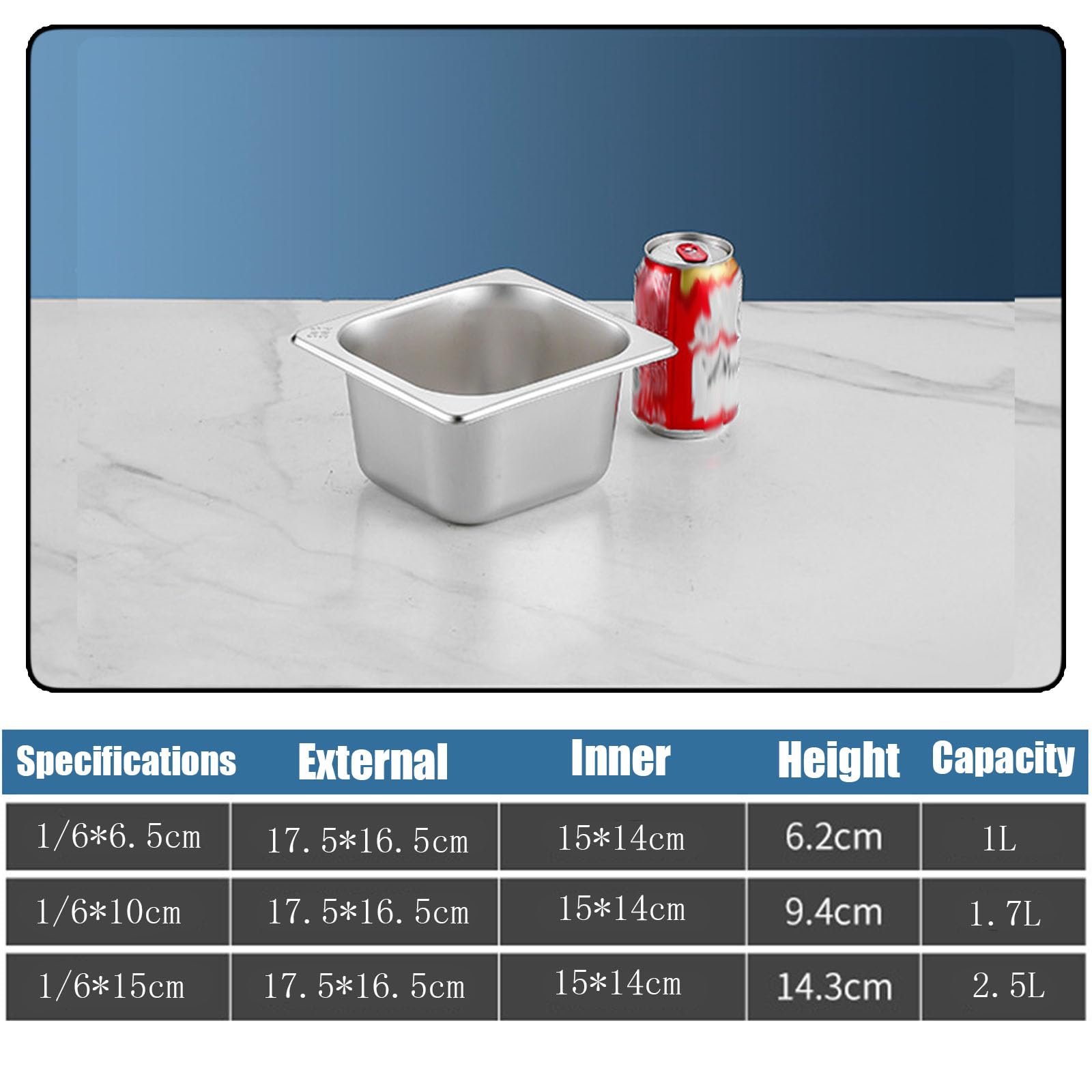Contenedor GN Accesorios para Pizza,Rectángulo Acero Inoxidable Contenedor Gastronorm,Recipientes para Alimentos Apilable,1/6（17.5 * 16.2cm）,6.5cm