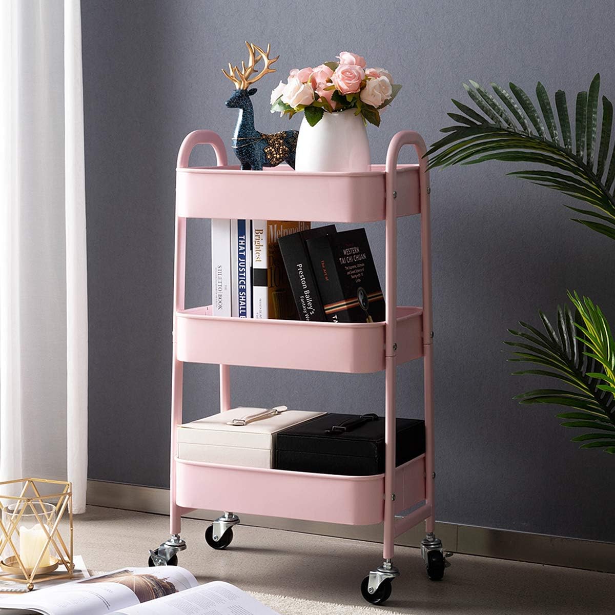 Carrello Portaoggetti A 3 Ripiani In Metallo – Rosa, Con Ruote Girevoli Bloccabili – Multiuso Per Casa, Ufficio, Cucina, Giardino - 3