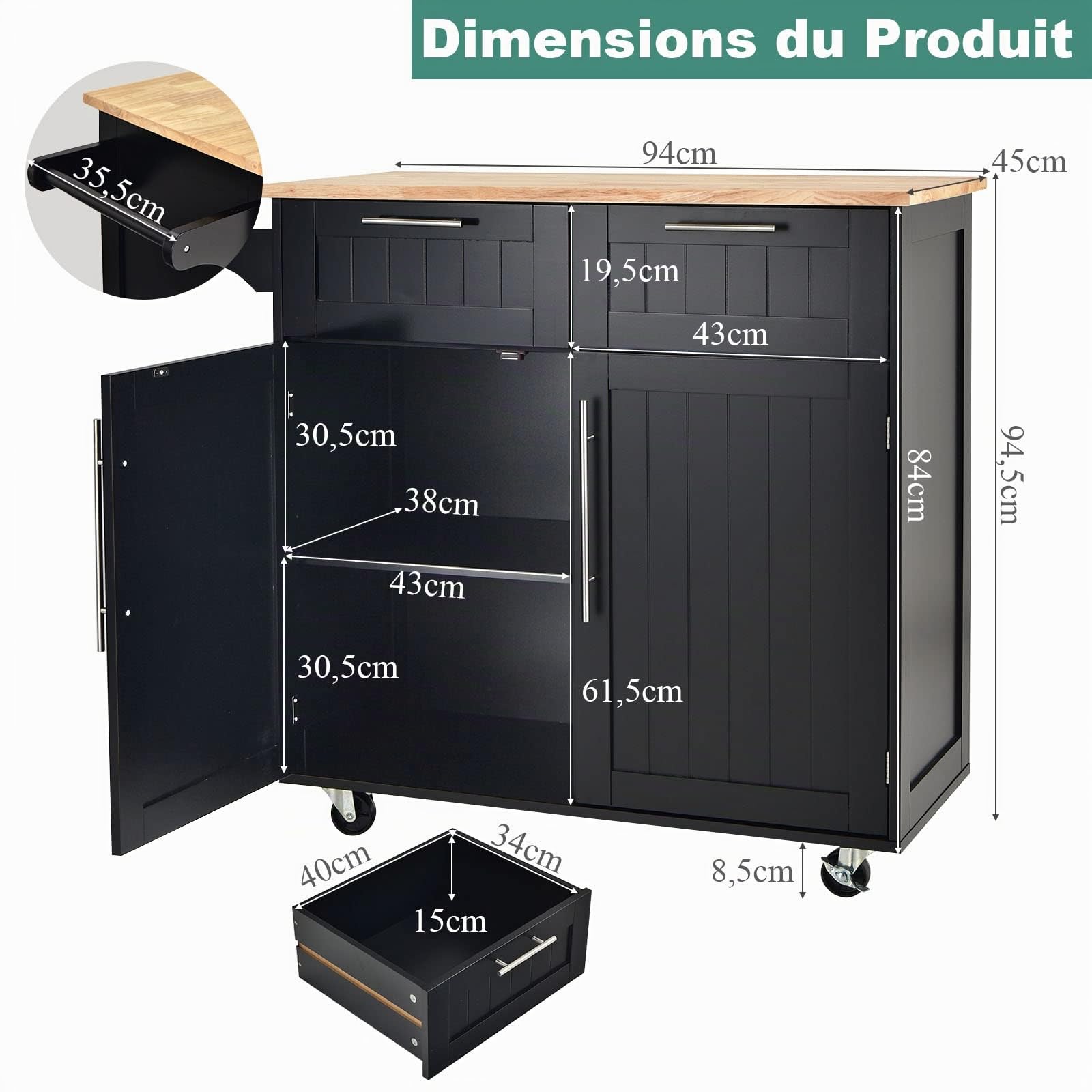 COSTWAY Dessertes Îlot Central Cuisine avec Table 4 Roues Universelles Porte-Serviettes, Desserte avec 2 Tiroirs et Grand Placard de Rangement Épices, 94x41x94cm (Noir)