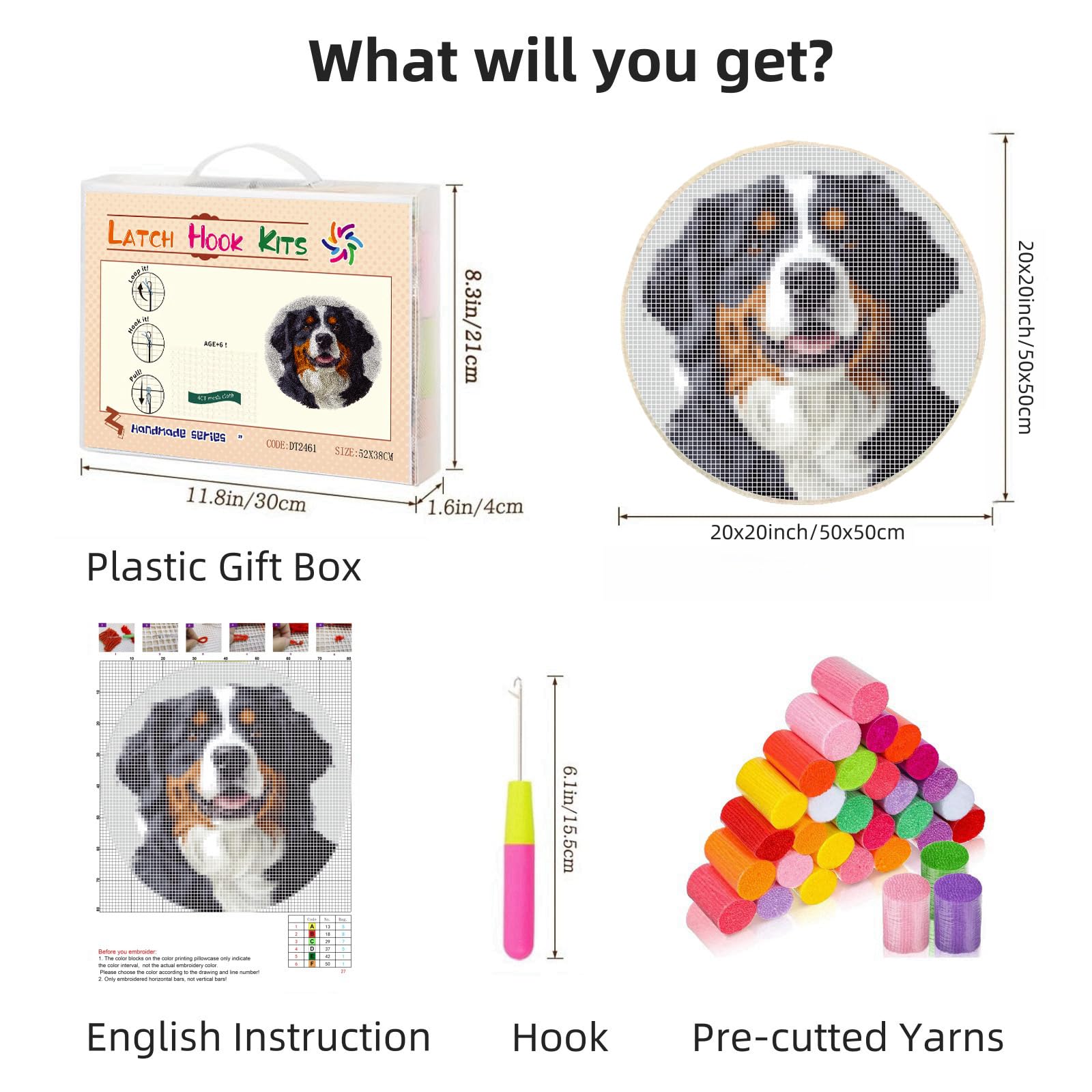 Latch Hook Rug Kit Bernese Mountain Dog Stamped Handmade Round Shape Carpet Crochet Yarn Craft DIY Hook and Latch Door Mat Tapestry for Christmas Home Floor Decor 50x50cm(1)