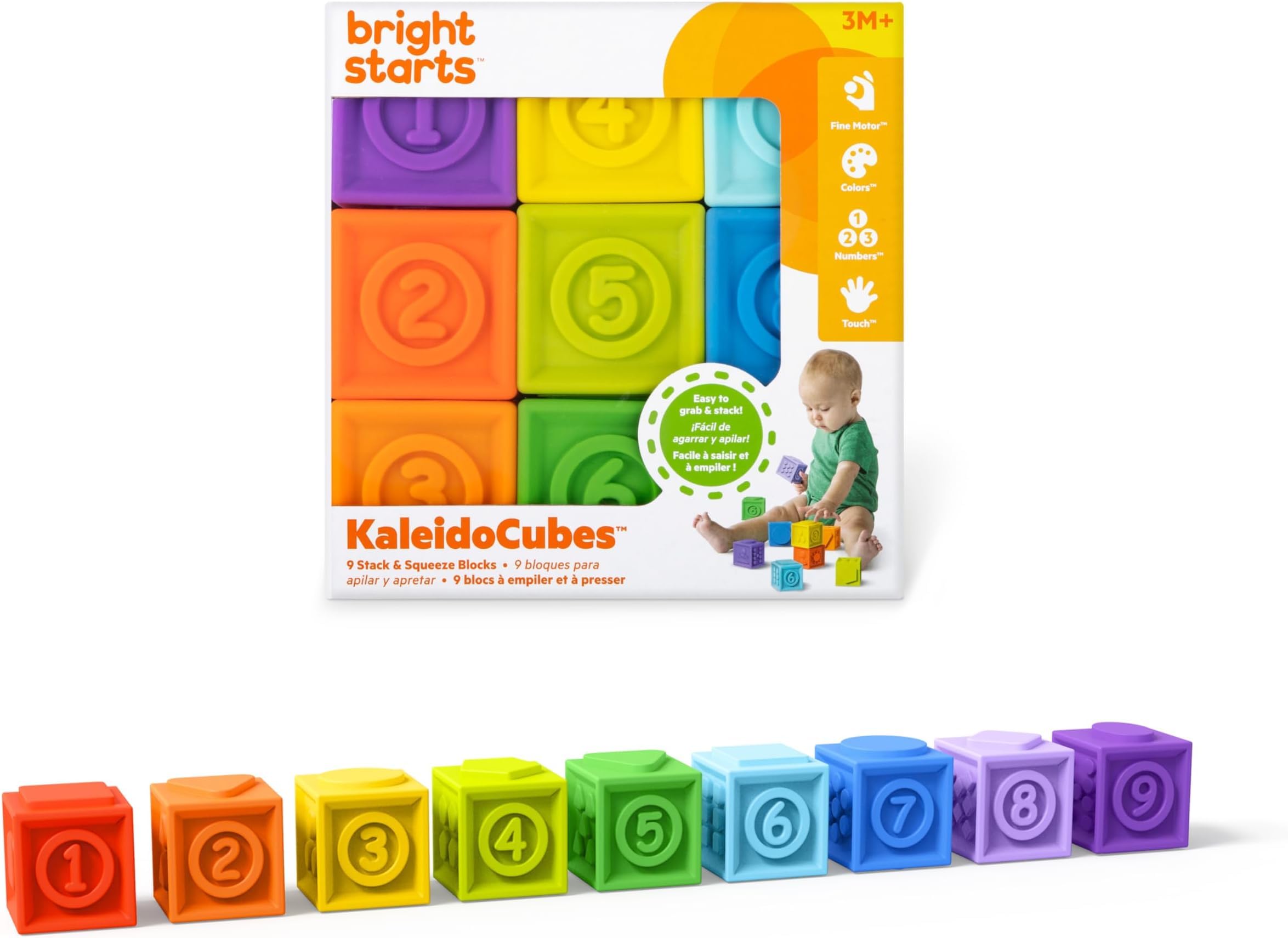 Bright Starts KaledioCubes 9 Count Stack &amp; Squeeze Blocks Baby Bath Toys - Play &amp; Learn with Colors, Numbers &amp; Shapes, Ages 3 Months+, Multicolor (Pack of 6)