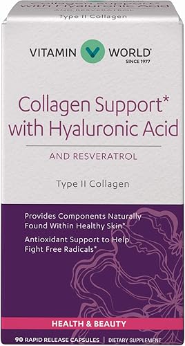 Soporte de colágeno de vitamina World con ácido hialurónico 90 cápsulas, ayuda a la piel saludable, ayuda antioxidante, colágeno BioCell tipo II,