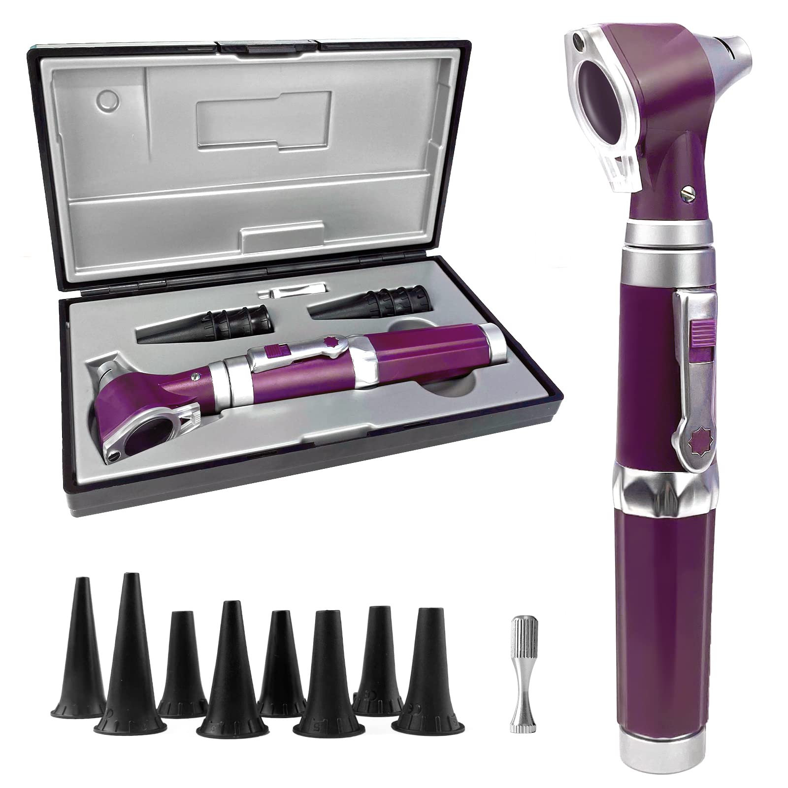 Scian Otoscopio Medico Profesional - Otoscopio Con Lámpara, 3 Magnificaciones, 4 Herramientas De Diagnóstico Para El Cuidado Del Oído Del Tamaño De La Lente, Caja De Plástico Duro (Púrpura)