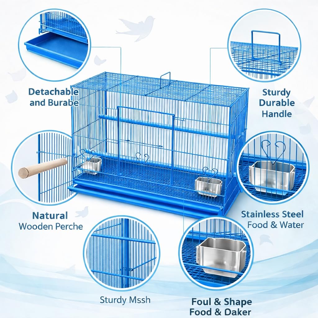 Rizopets Bird Cage, Crate for Rabbit, Parrots and Small Pets with Sliding Tray, 2 Feeding Cup & 2 Perch with Secure Lock (15 Inches, Blue), Metal 3