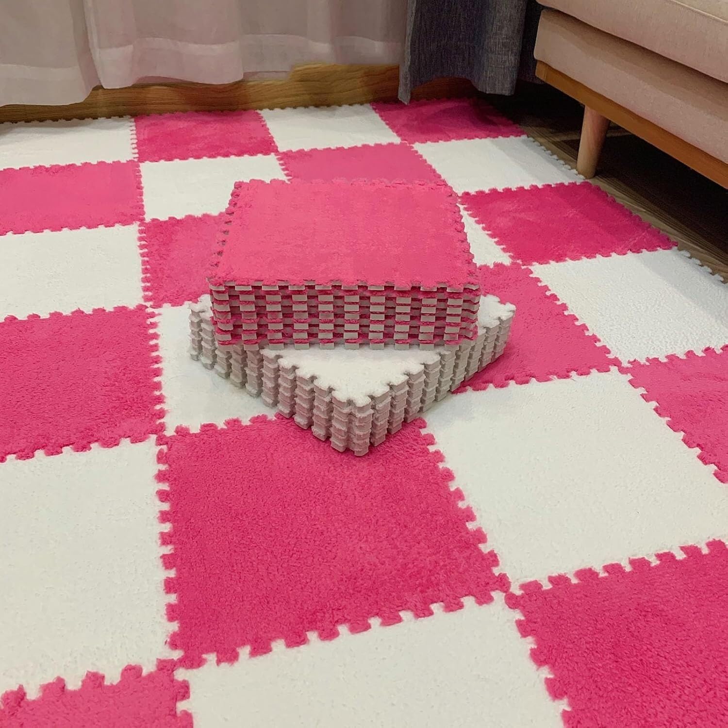 JvFbjLF Plush Foam Interlocking Floor Tiles Mats 1x1ft Foam Splicing Carpet Tiles With Edgings(Rose Red+White,30pcs)