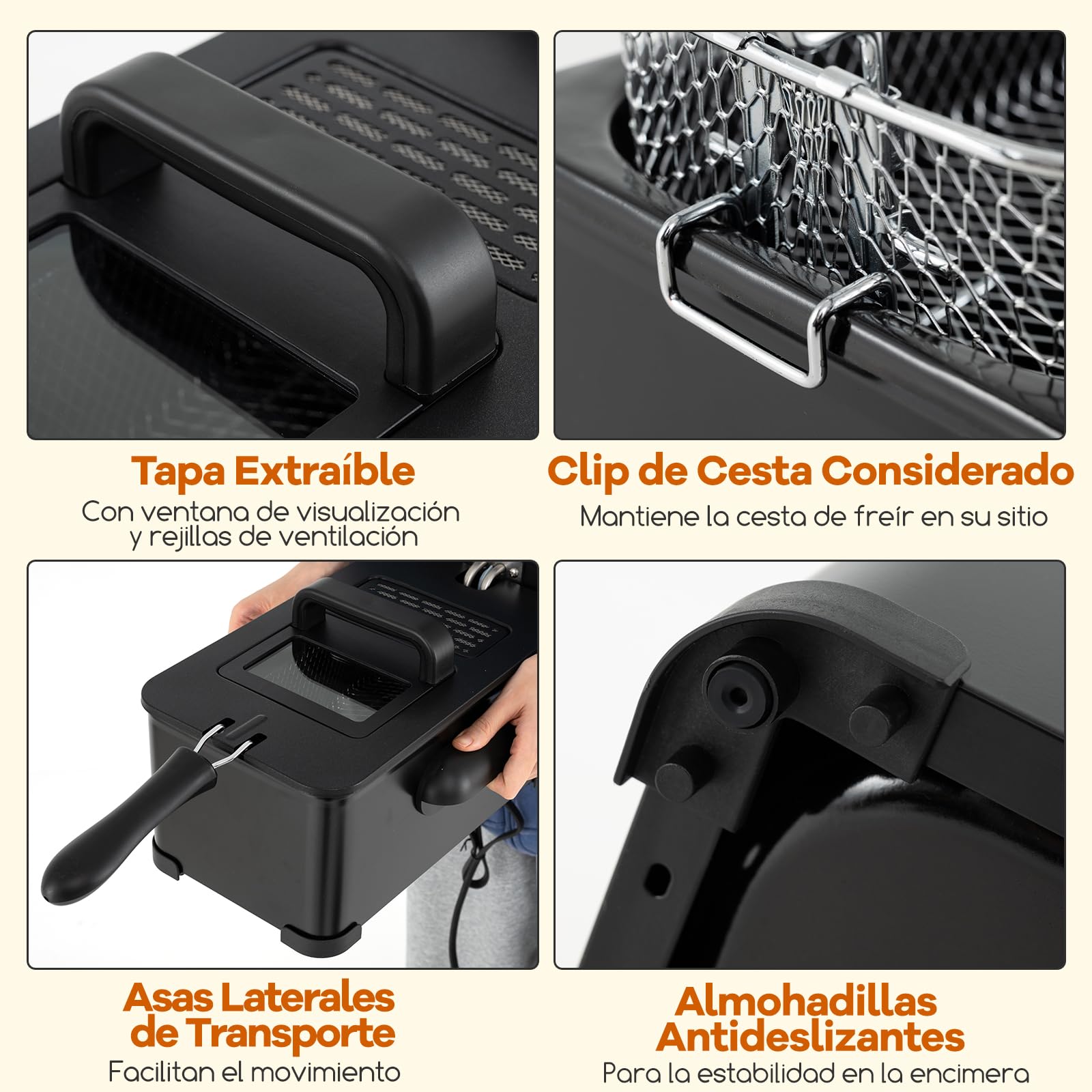 COSTWAY Freidora Aceite 3L, 2000W, Freidora Eléctrica, Tapa con Ventana de Visualización, Temperatura Ajustables hasta 190 °C, Cesta de Acero Inoxidable y Tapa con Filtro Anti-Olores