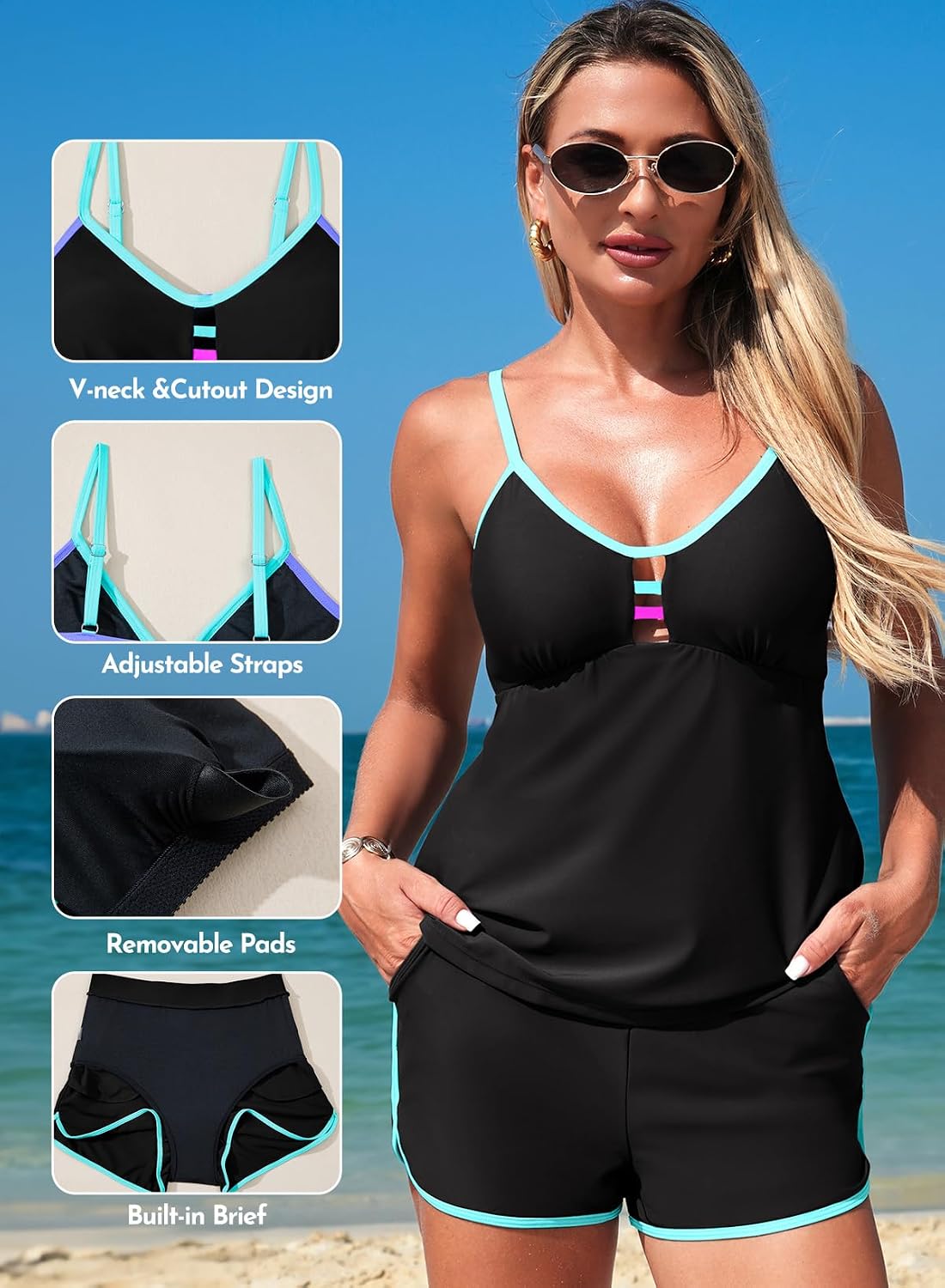 Aleumdr Women Blouson Color Block Tankini Swimsuits Tummy Control Two Piece Bathing Suits with Two Pockets Bottom Swimwear