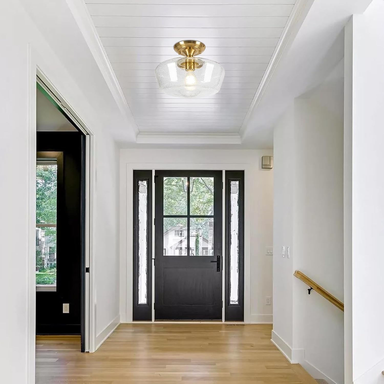 Schoolhouse Style Light Fixture, 12" Brass Semi Flush Mount Ceiling Light with Seeded Glass Globe, Close to Ceiling Lights for Kitchen Hallway Entryway