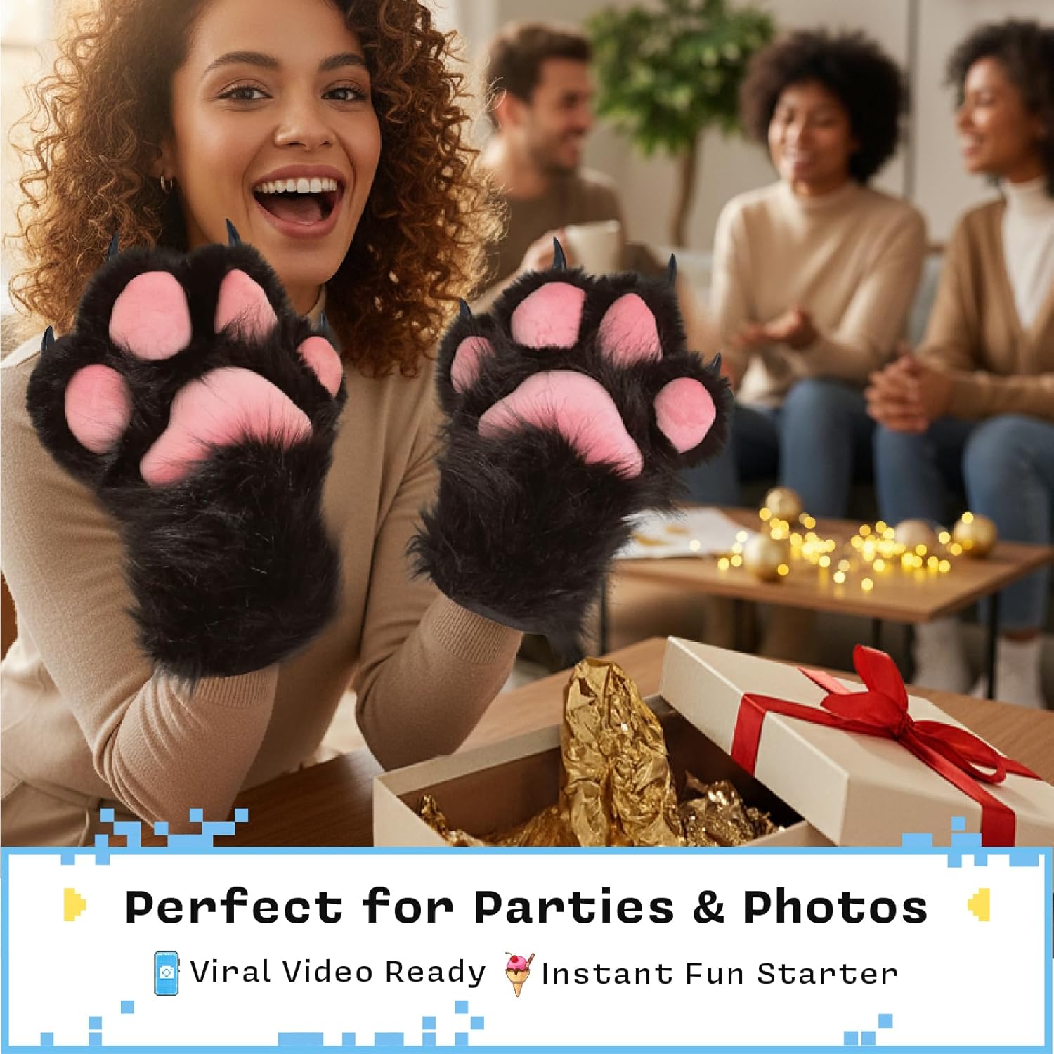 Furry Paws with Built-in Whistle, Faux Fur Plush Cat Claws Gloves, 12.0" x 8.5" Large Fursuit Paw Gloves for Anime Cosplay, Furry Costume Accessories for Adults (White) - Image 8