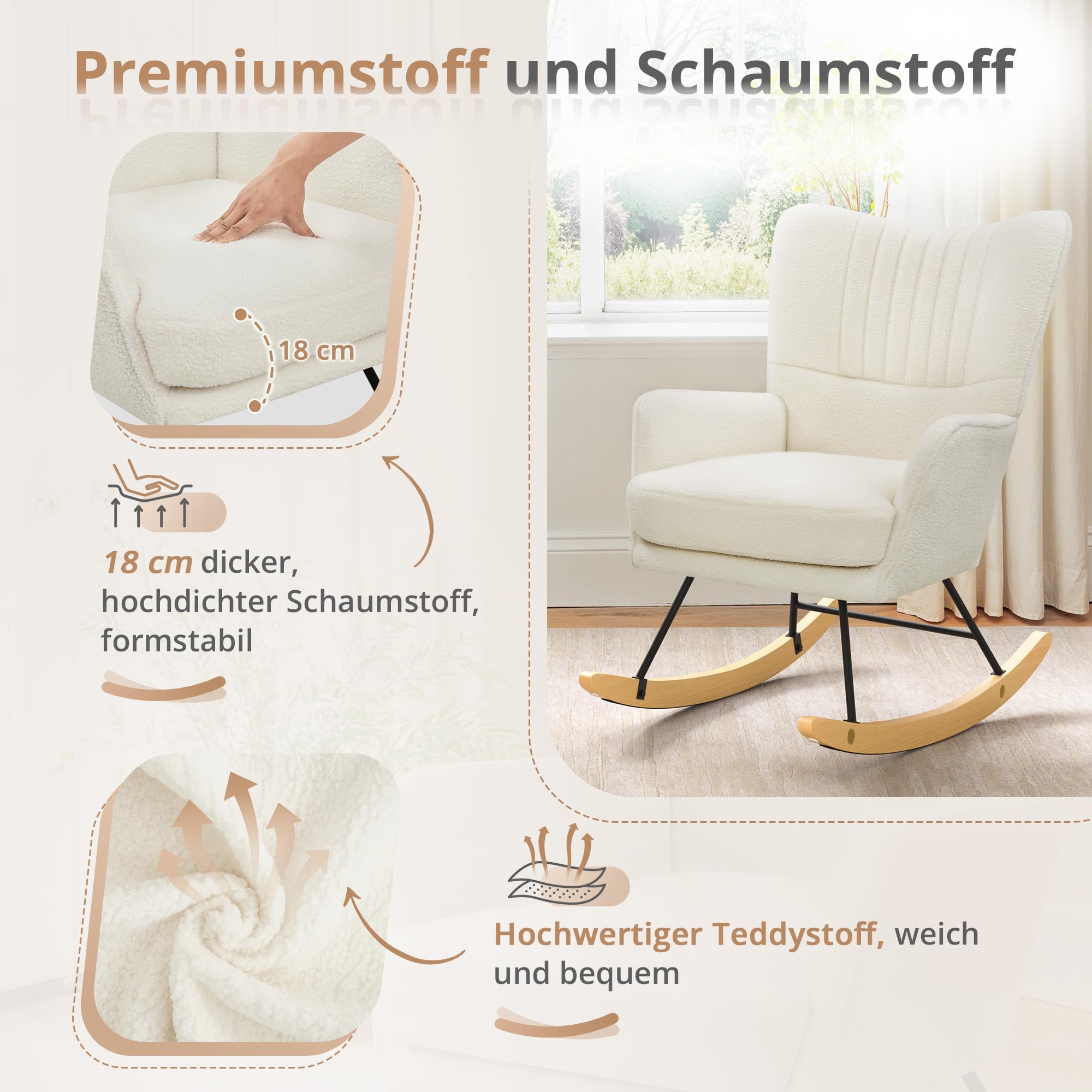 LUE BONA Schaukelstuhl aus Teddystoff mit extra dickem Sitzkissen, Polstersessel mit Armlehnen & Holzkufen, Bequemer Relaxstuhl für Wohnzimmer, Creme-beige