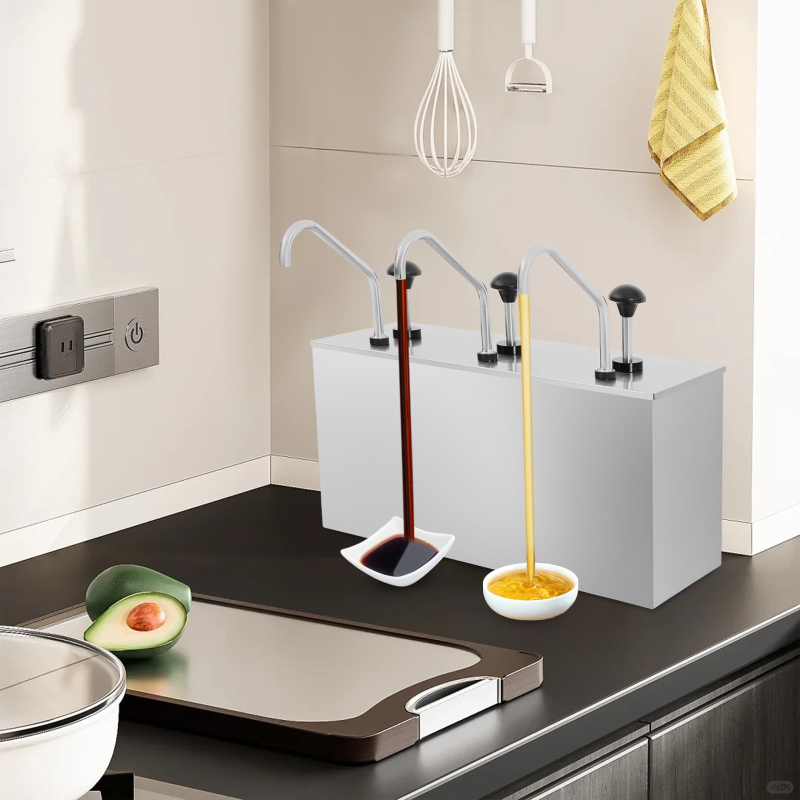 Dispenser per salse in acciaio inox, 3 x 4 l, per ristorante e cucina, con dispenser per pompe per ketchup Mayo senape, dosatore per ristorante e cucina, attrezzature igieniche a buffet