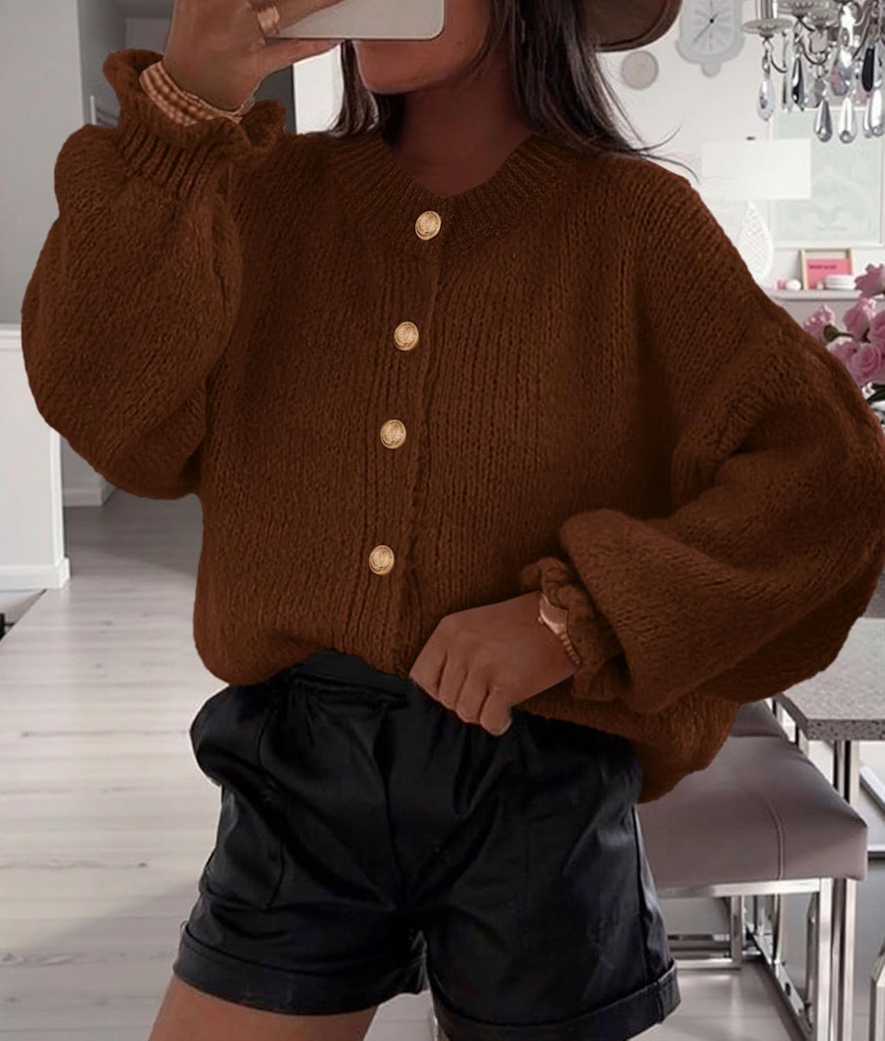 PRETTYGARDEN Womens Cropped Cardigans Trendy 2026 Ruffle Open Front Chunky Knit Sweater Oversized Button Down Fall Clothes - Image 2